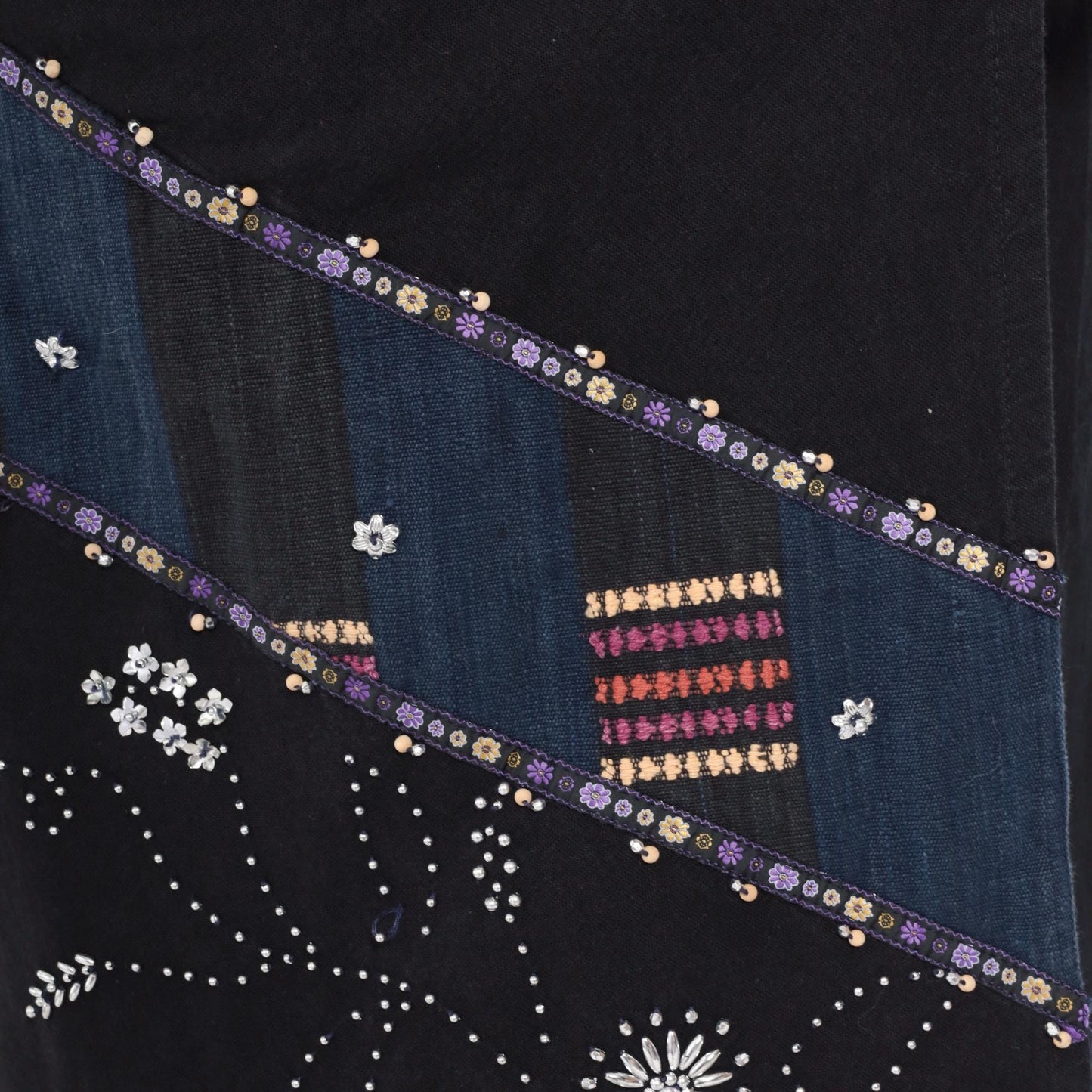 Y2K Black Wrap Skirt Beaded Navy Maxi Sequin Geometric Tribal Cotton Large