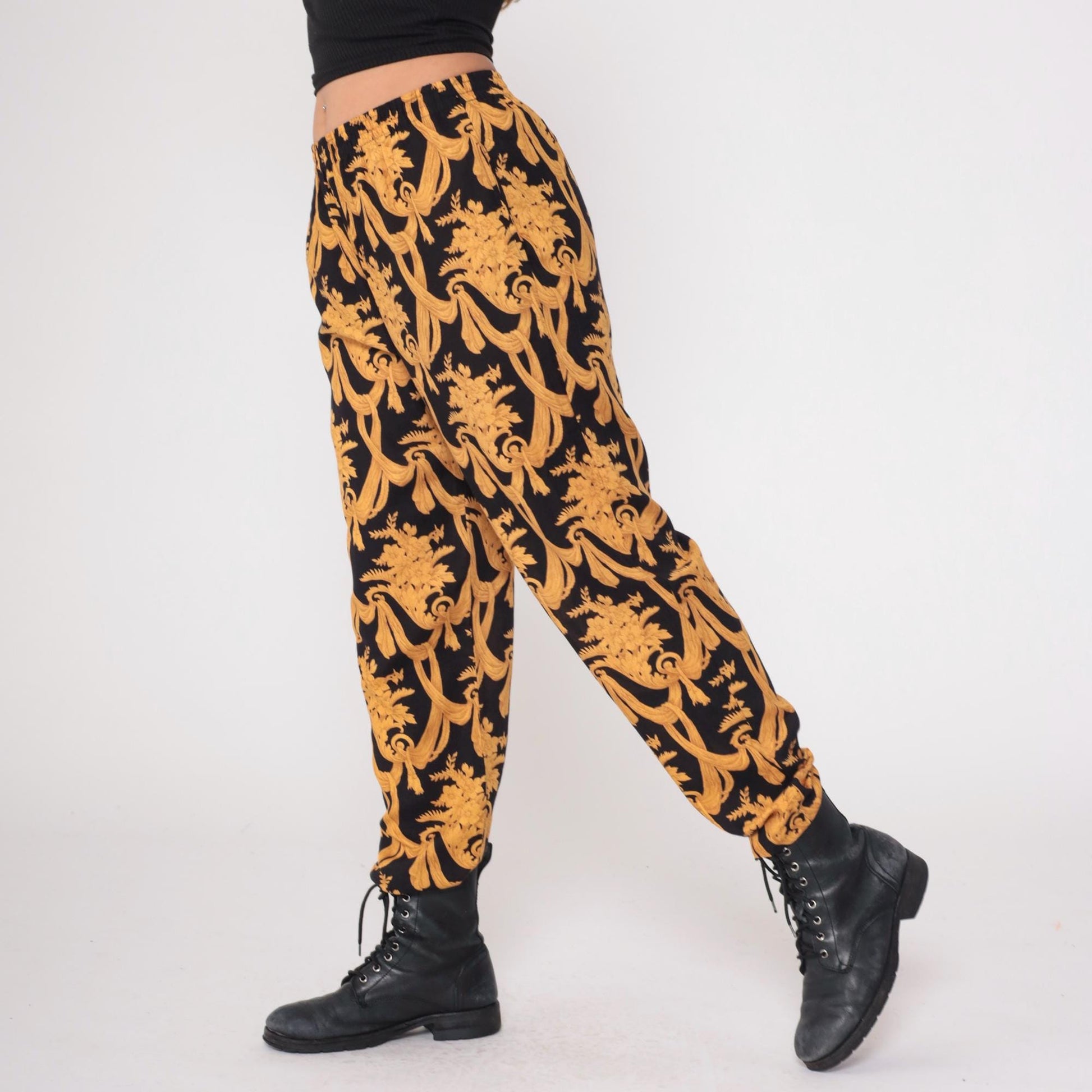 90s Judy Knapp Black Gold Baroque Damask Pants Elastic Waist Medium M