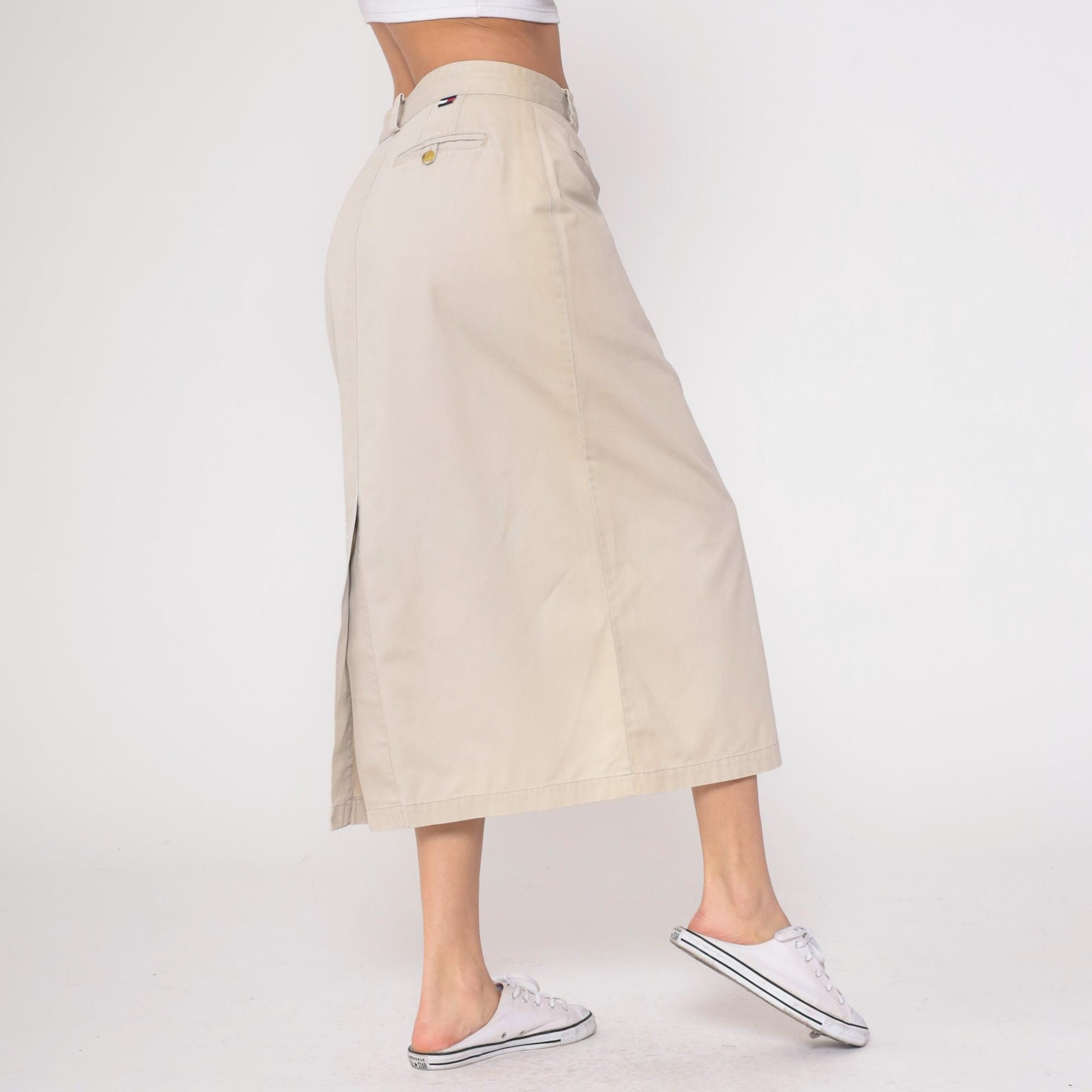 90s Tommy Hilfiger Khaki Skirt Cotton High Waist Button Front Large