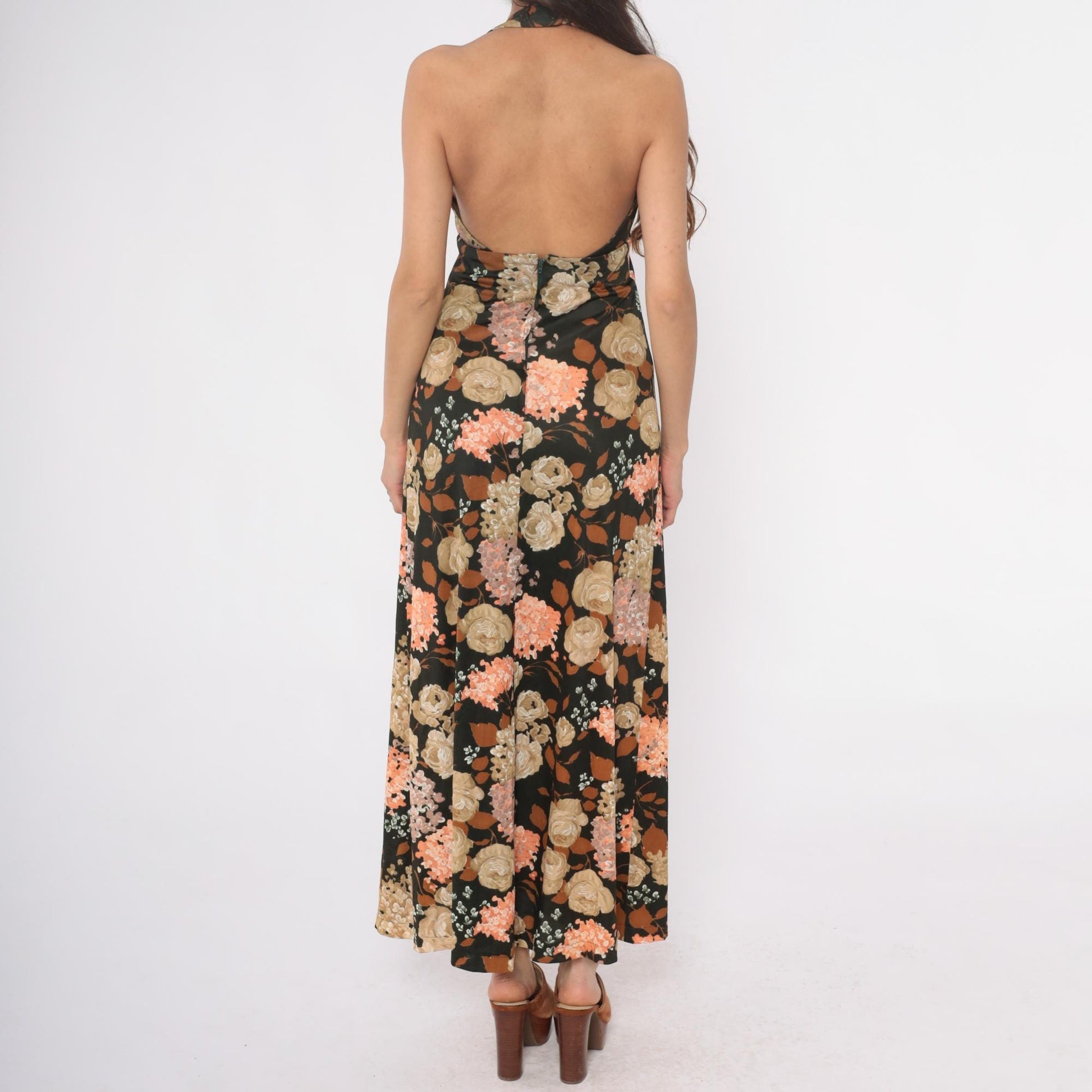 70s Dark Green Floral Halter Maxi Dress Deep V Sleeveless Small