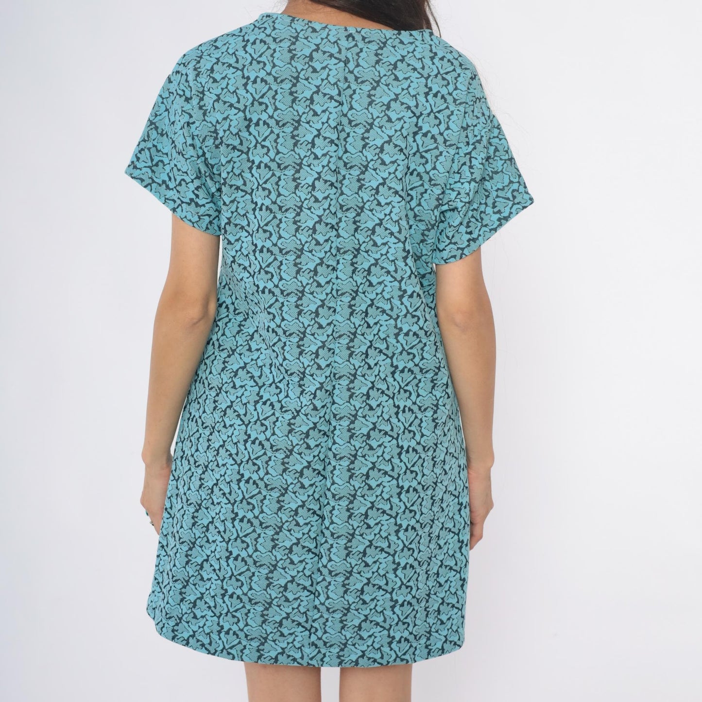 1960s Turquoise Shift Dress Black Floral Damask Print Mini Short Sleeve Large L