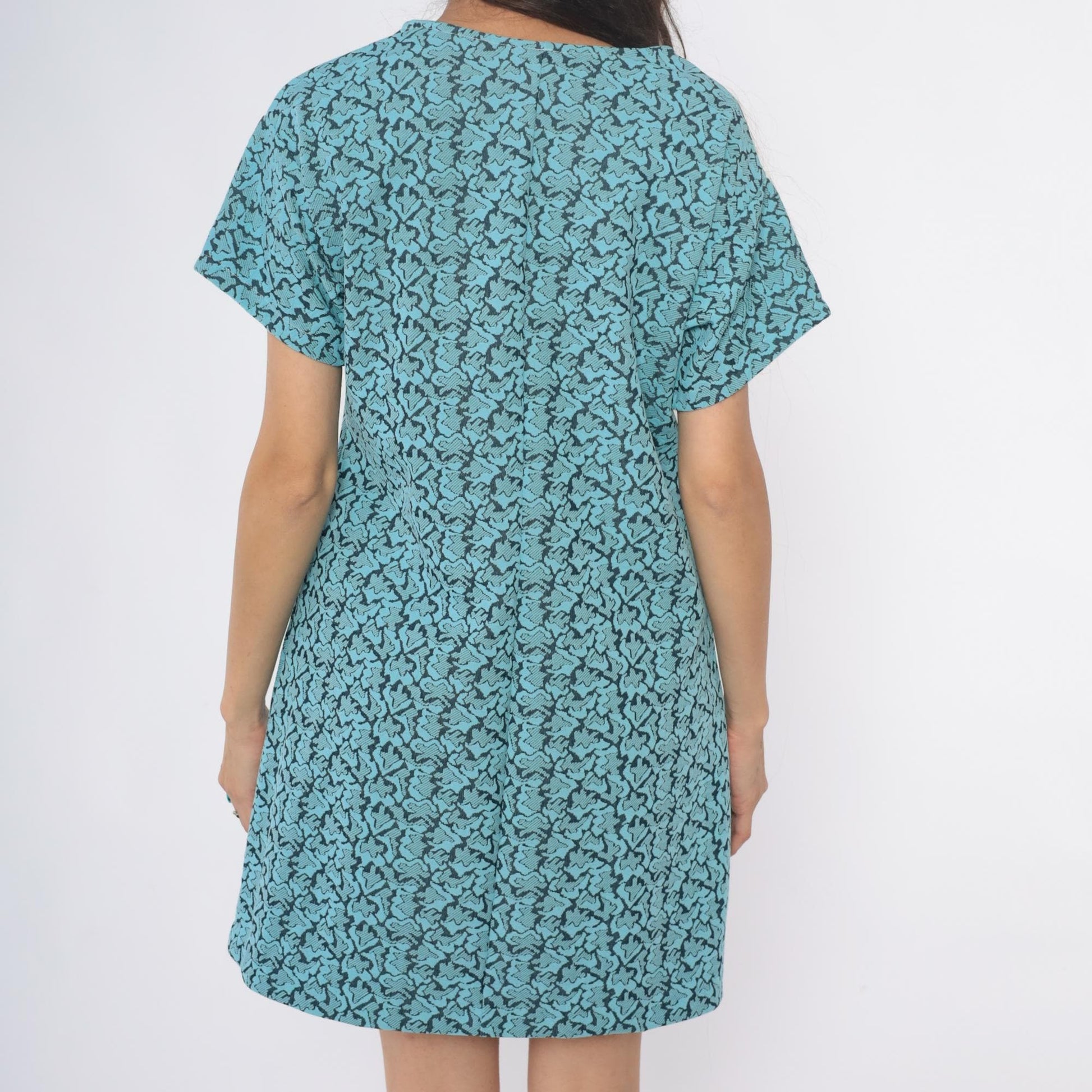 1960s Turquoise Shift Dress Black Floral Damask Print Mini Short Sleeve Large L