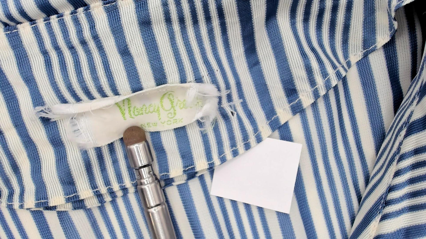 60s Nancy Greer Striped Midi Dress Blue White Mod Button Front Medium