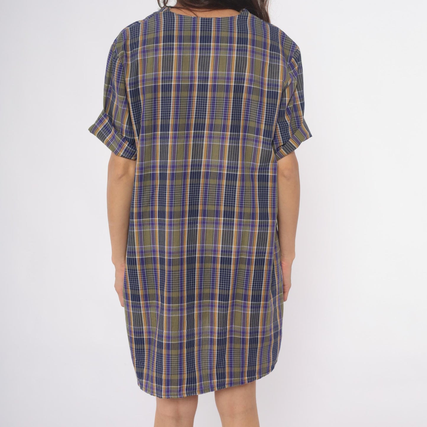 80s Zip N Dash Plaid Shift Dress Collared Pockets Navy Olive Extra Large