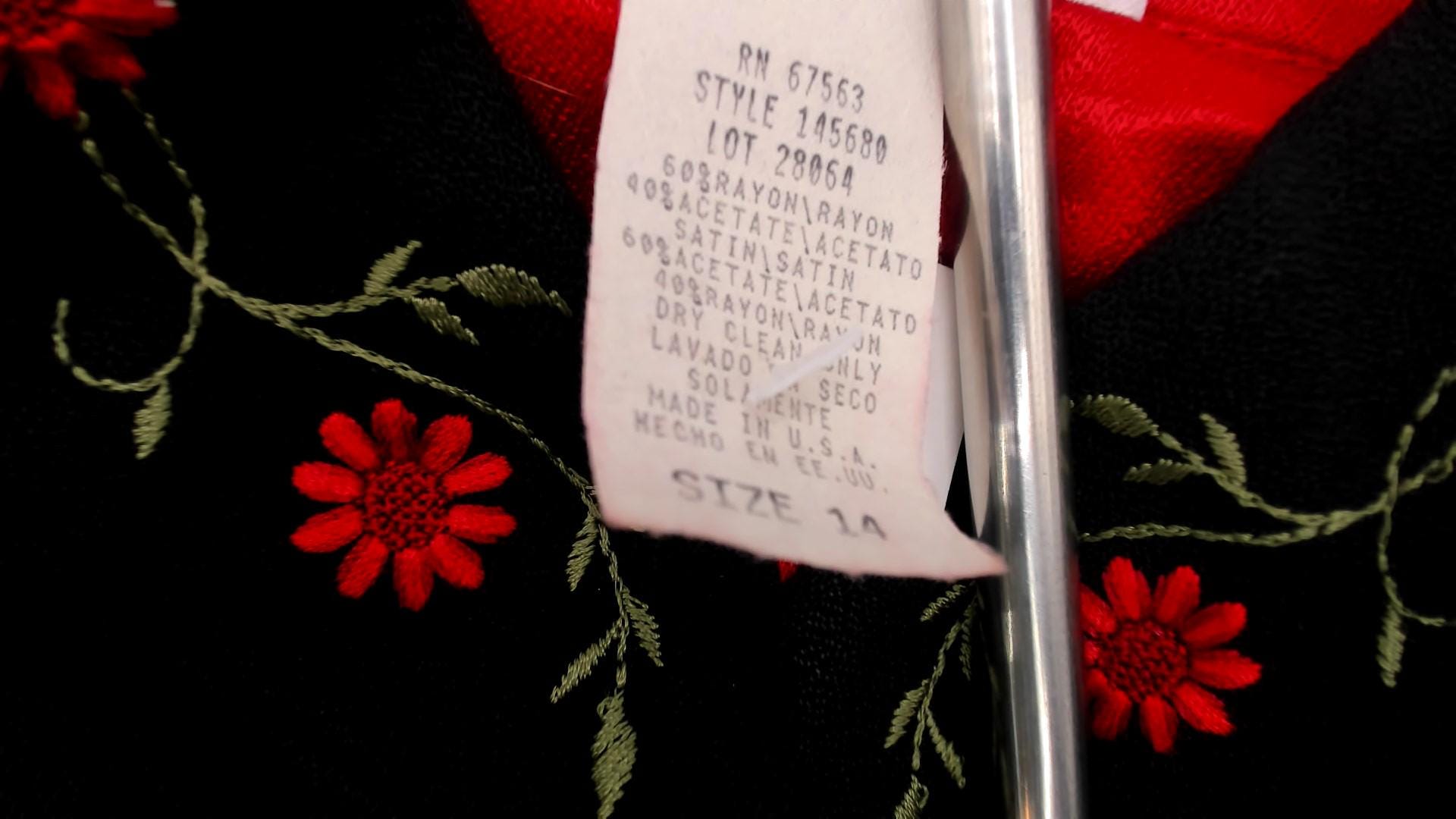 90s SL Fashions Black Midi Dress Mandarin Collar Embroidered Floral Keyhole Large L