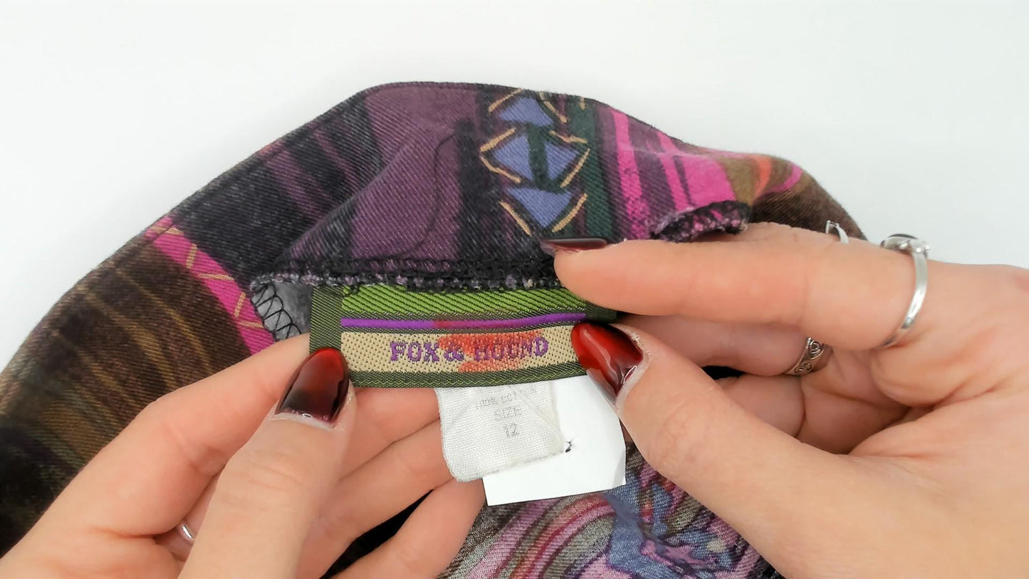 90s Fox & Hound Striped Cotton Mini Wrap Skirt Geometric Purple Pink Medium