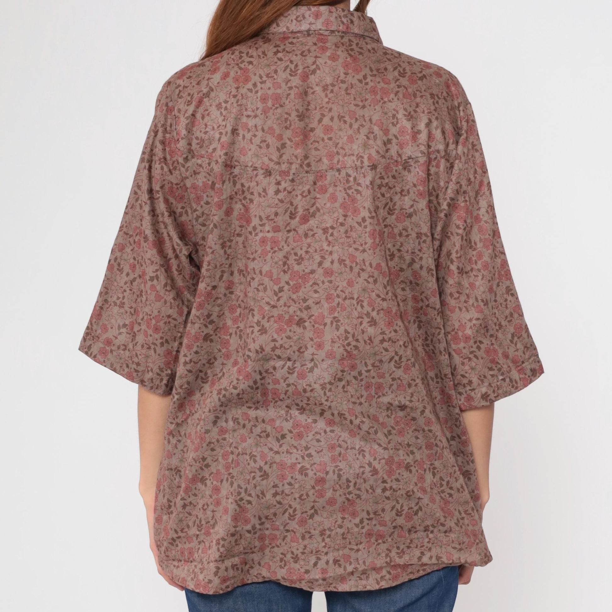 Y2K Sheryll Ellein Floral Button-Up Blouse Pintuck 3/4 Sleeve Beige Extra Large XXL