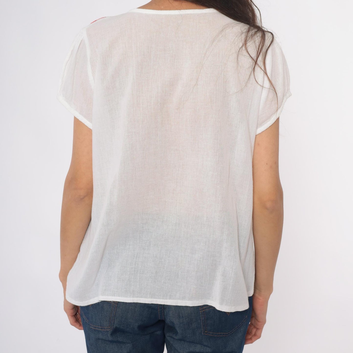 90s Mexican Embroidered Floral Blouse White Cotton V-Neck Peasant Top Large