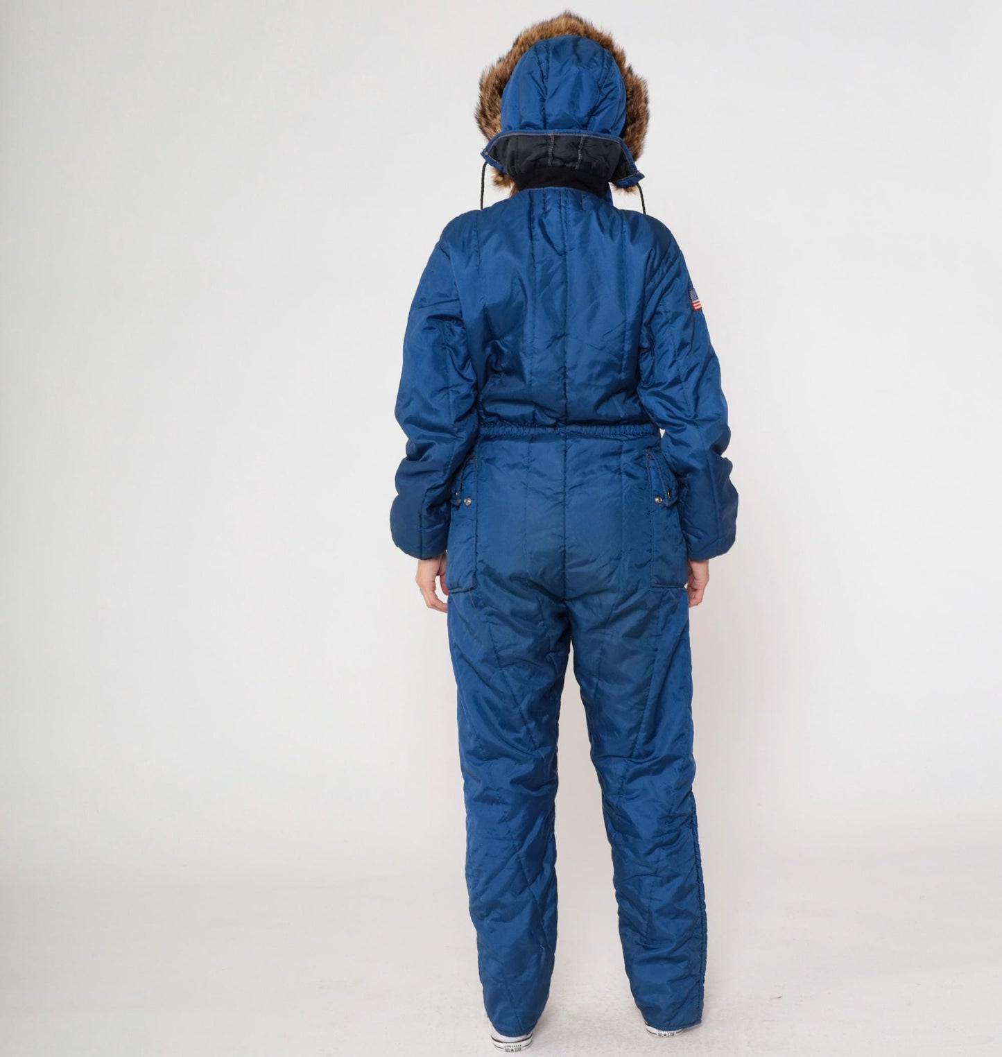 70s Polarware Ski Suit Blue Snowsuit Fur Hood American Flag Mens Medium