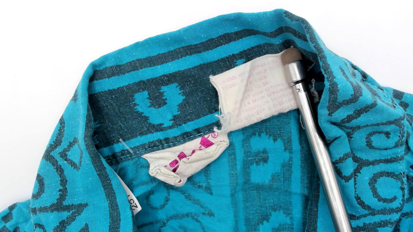 90s Turquoise Geometric Tribal Button-Up Shirt Short Sleeve Medium