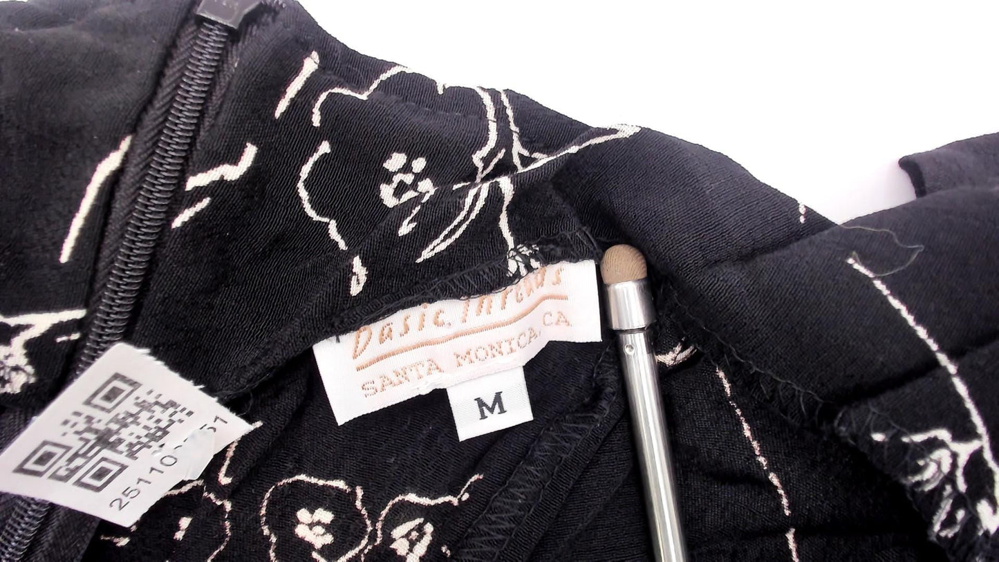 90s Black Maxi Dress White Floral Line Drawing Square Neck Sleeveless Medium M