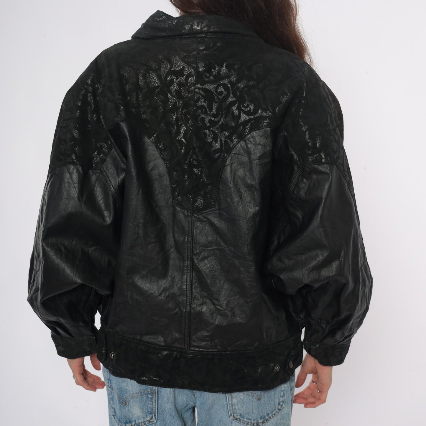 90s Black Leather Bomber Jacket Embossed Shawl Collar Medium M