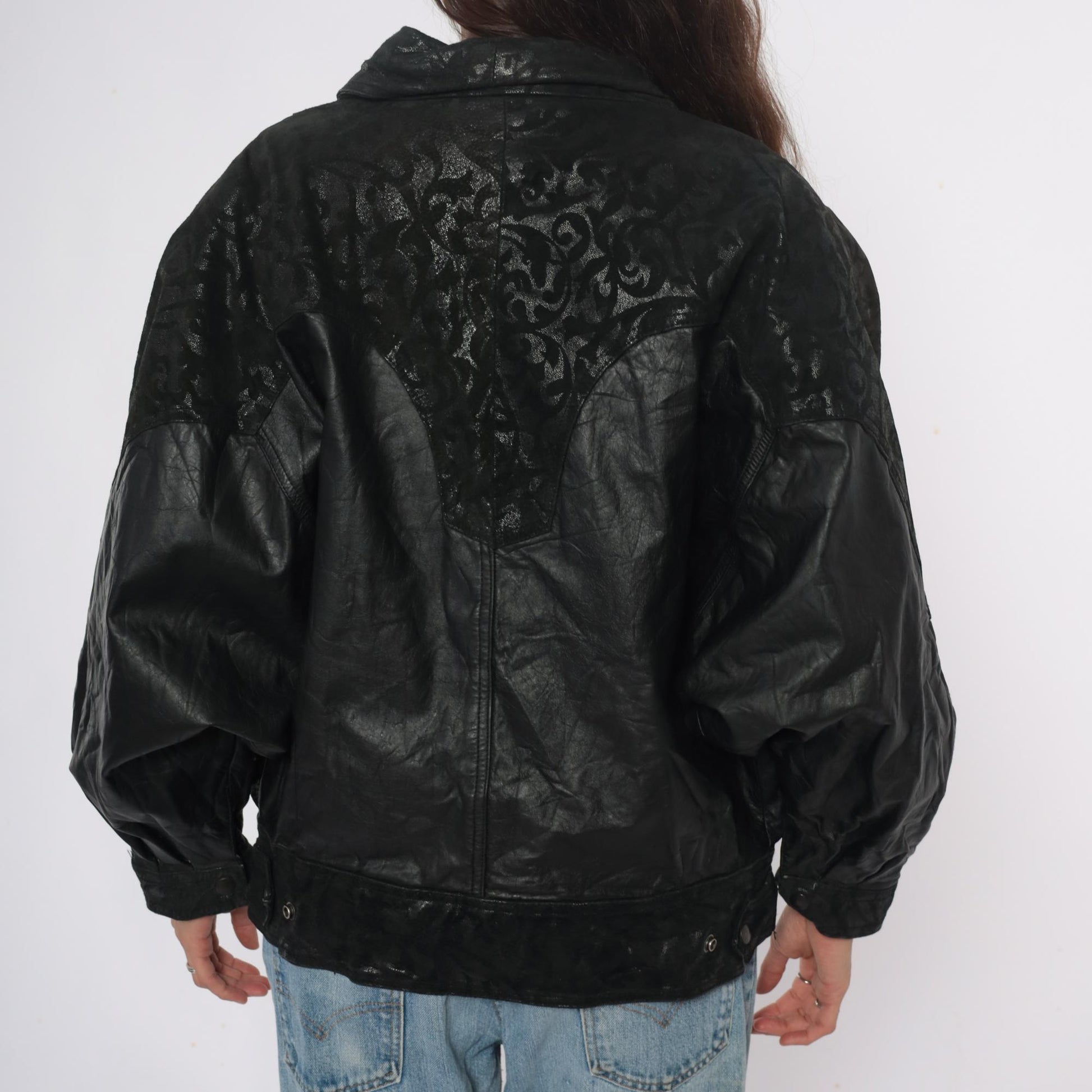 90s Black Leather Bomber Jacket Embossed Shawl Collar Medium M