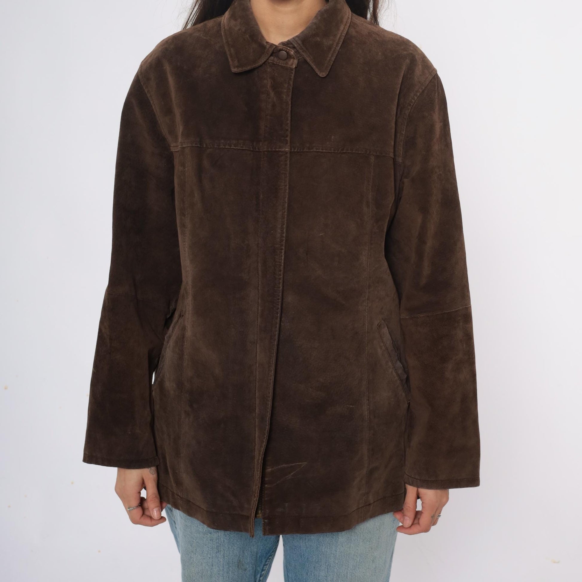 90s Ami Brown Suede Leather Jacket Collared Zip Front Large L