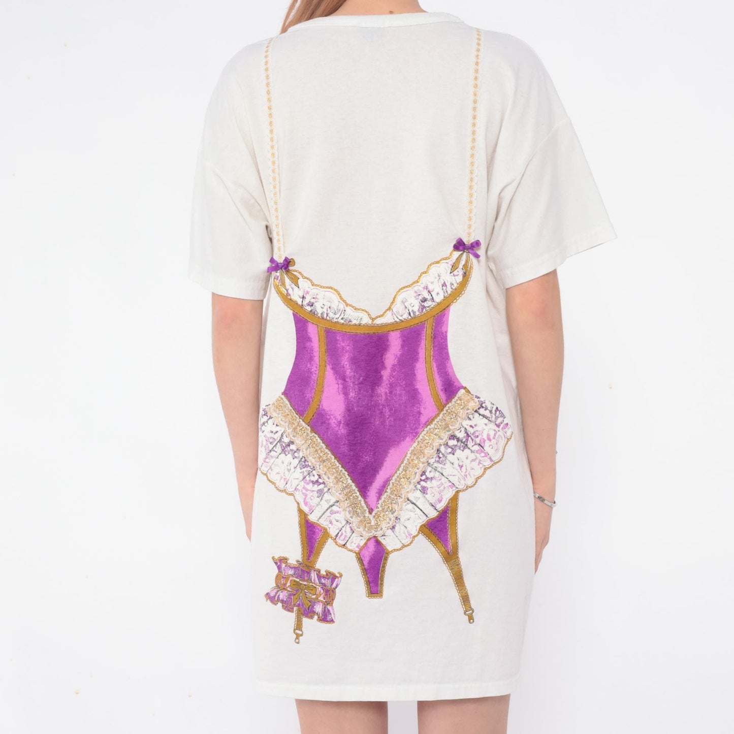 90s Heart To Heart Corset Print Nightshirt White Purple Graphic Sleep Tee One Size