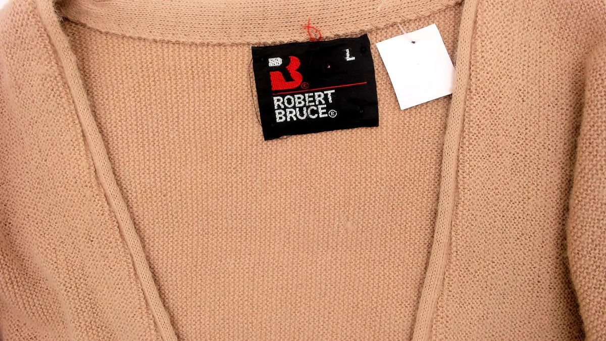 80s Robert Bruce Camel Cardigan V-Neck Button Front Tan Ribbed Large L