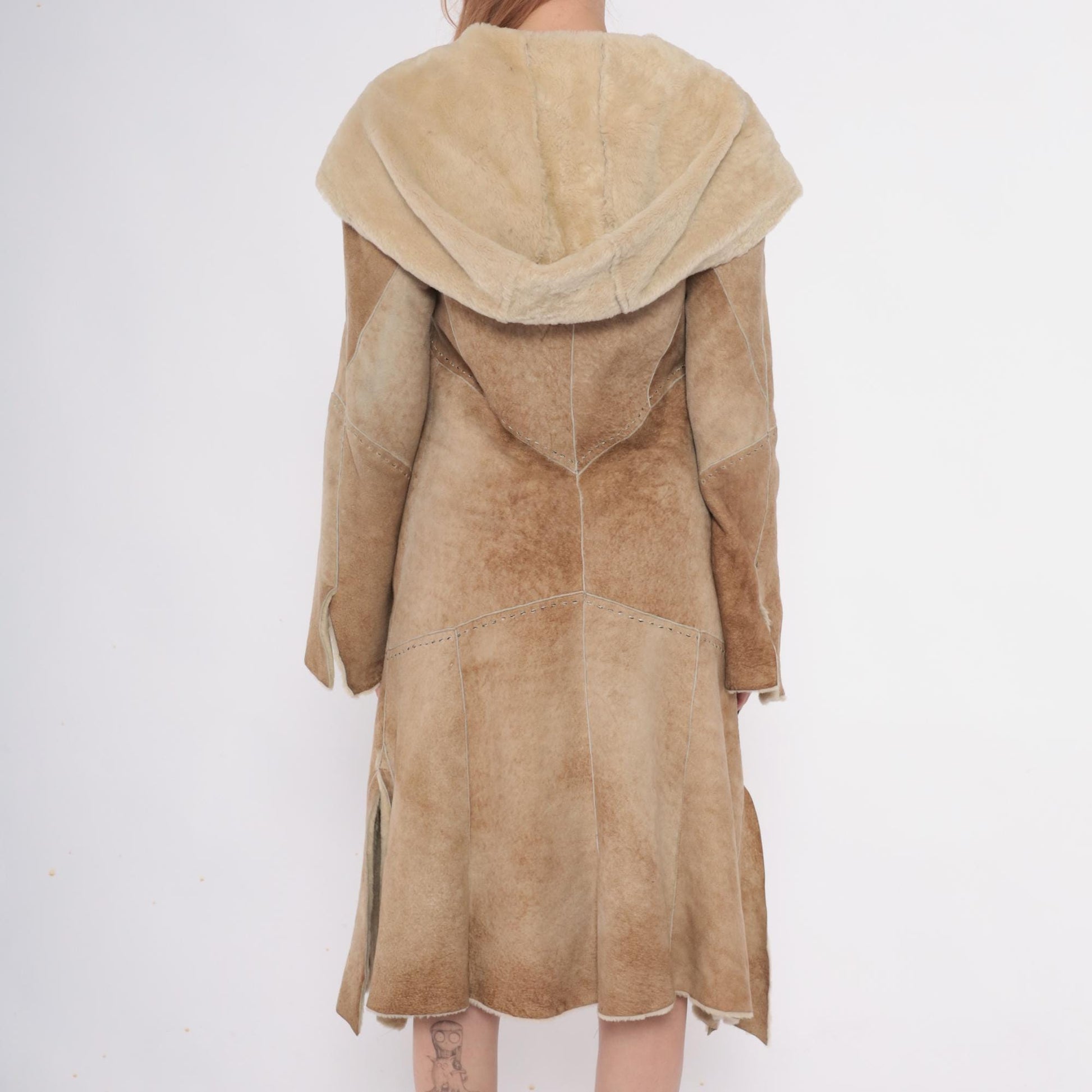 90s Denimaxx Couture Suede Hooded Coat Tan Shearling Trim Small