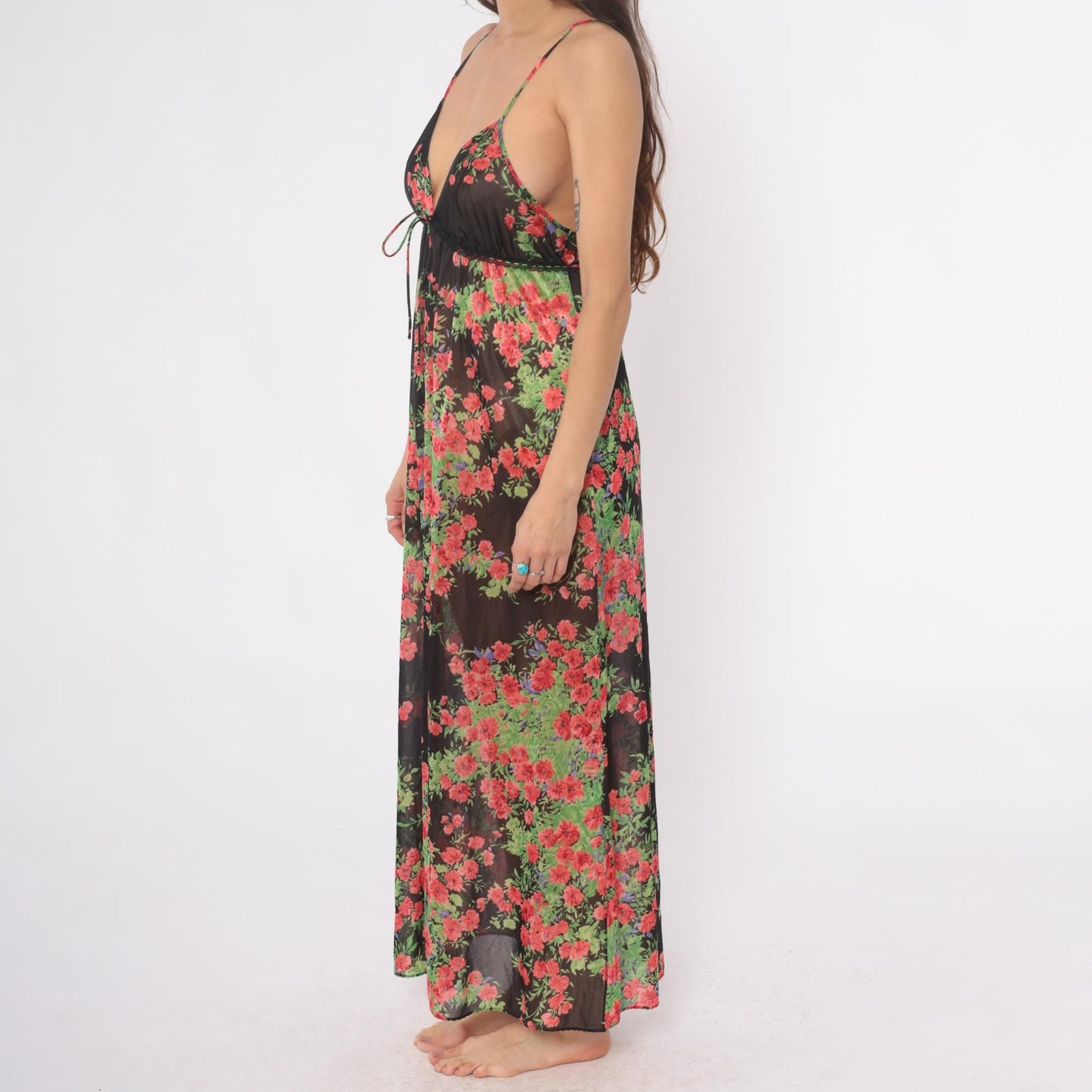 70s Black Floral Maxi Slip Dress Empire Waist V-Neck Spaghetti Strap Small