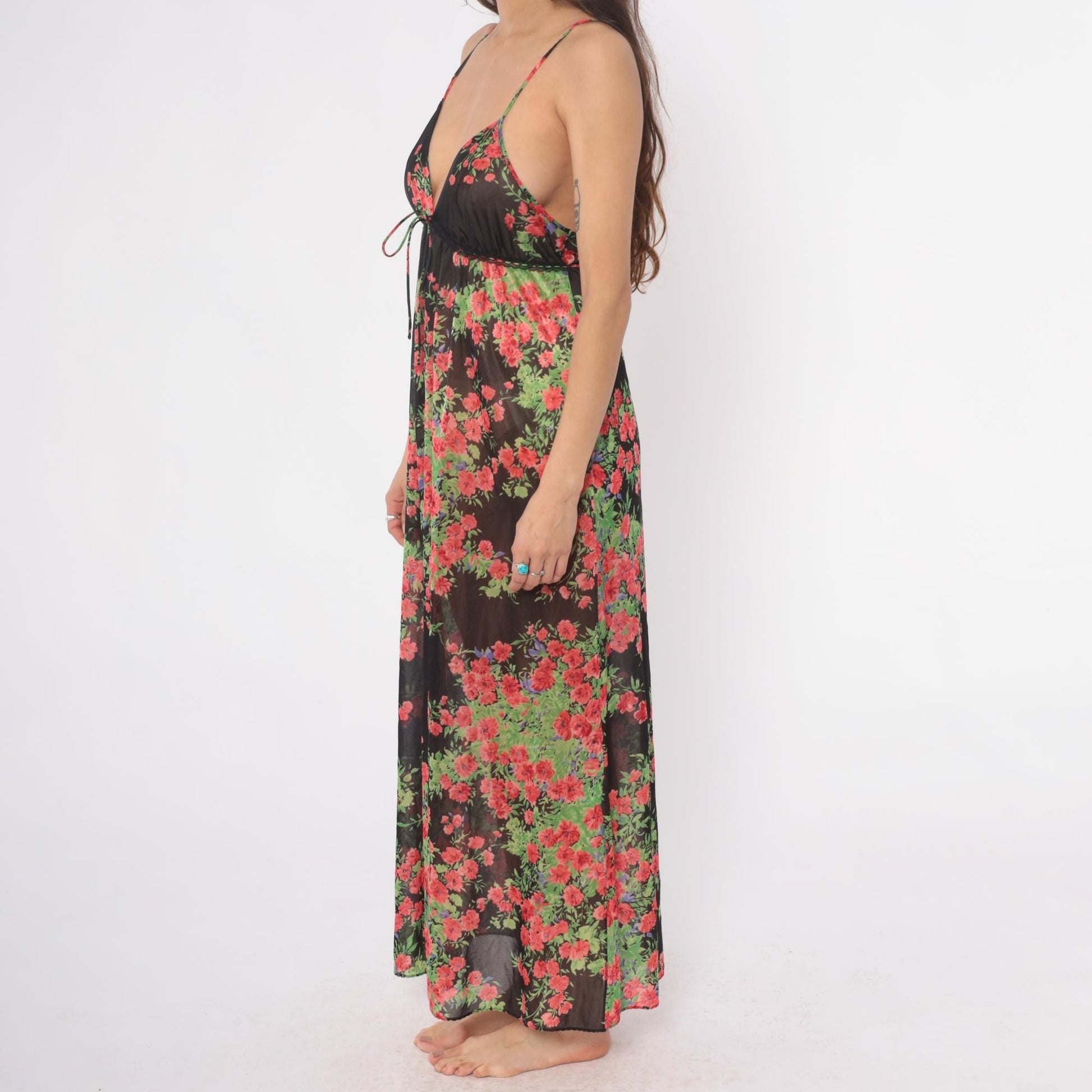 70s Black Floral Maxi Slip Dress Empire Waist V-Neck Spaghetti Strap Small