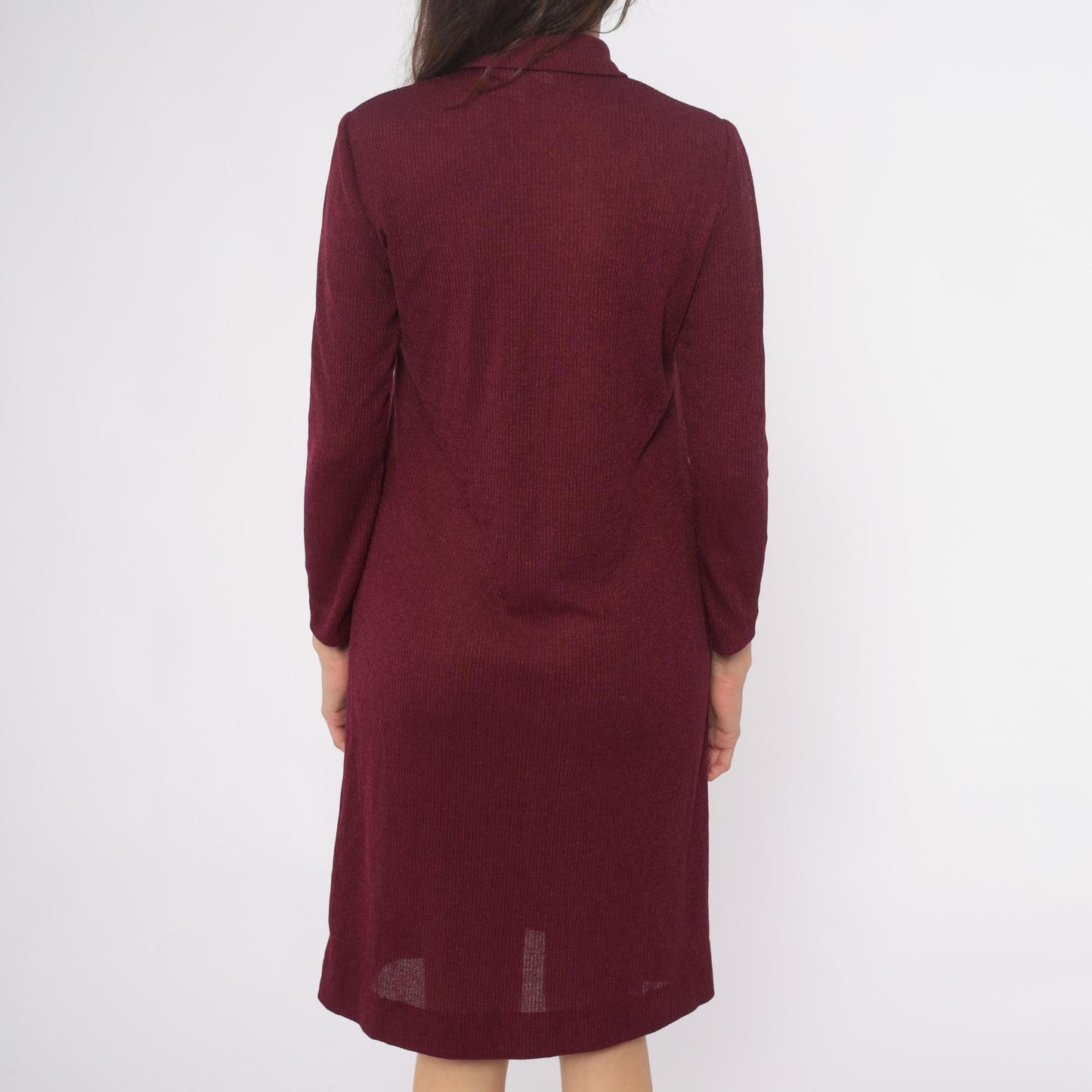 70s Burgundy Ribbed Knit Polo Dress Knee Length Collared Long Sleeve Medium