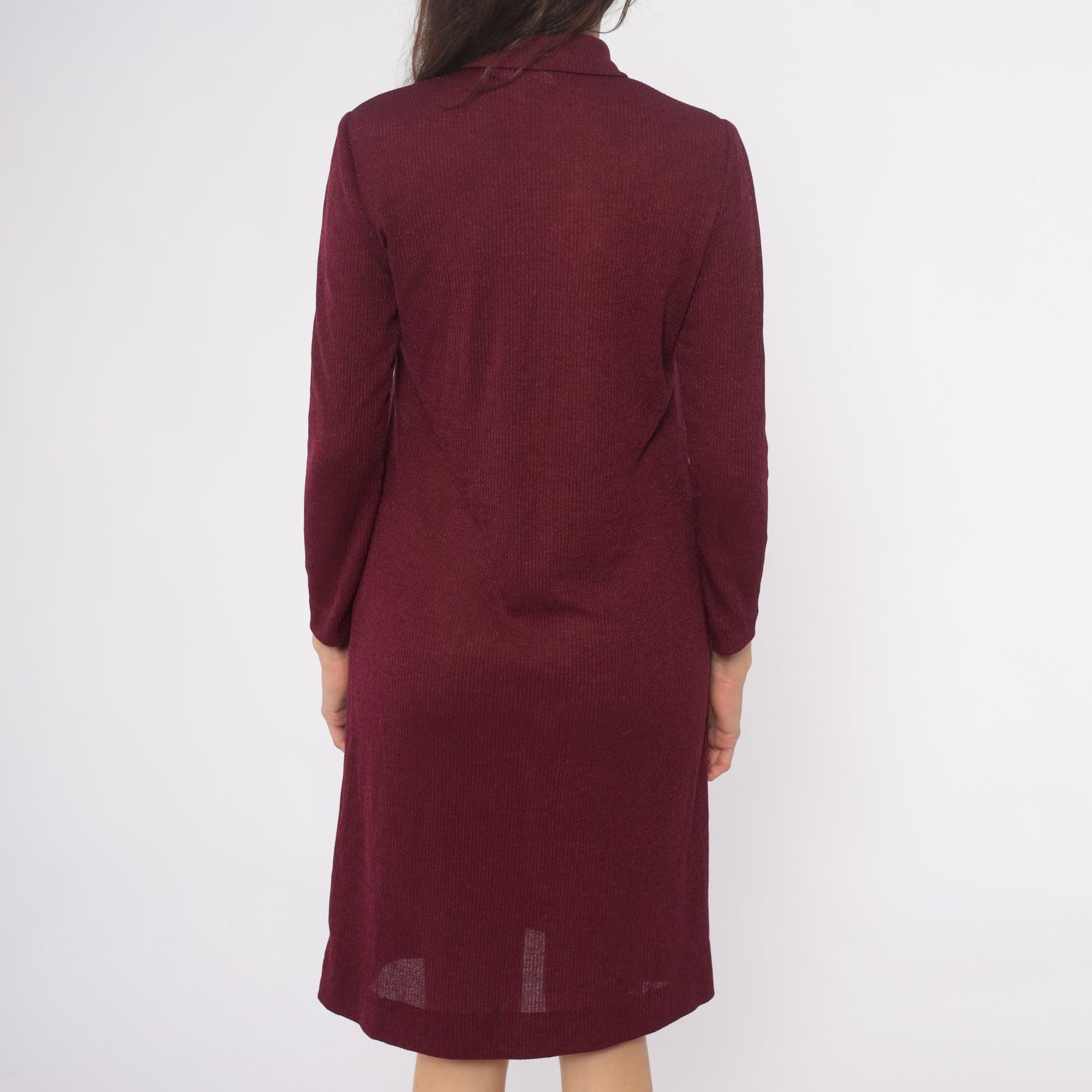 70s Burgundy Ribbed Knit Polo Dress Knee Length Collared Long Sleeve Medium