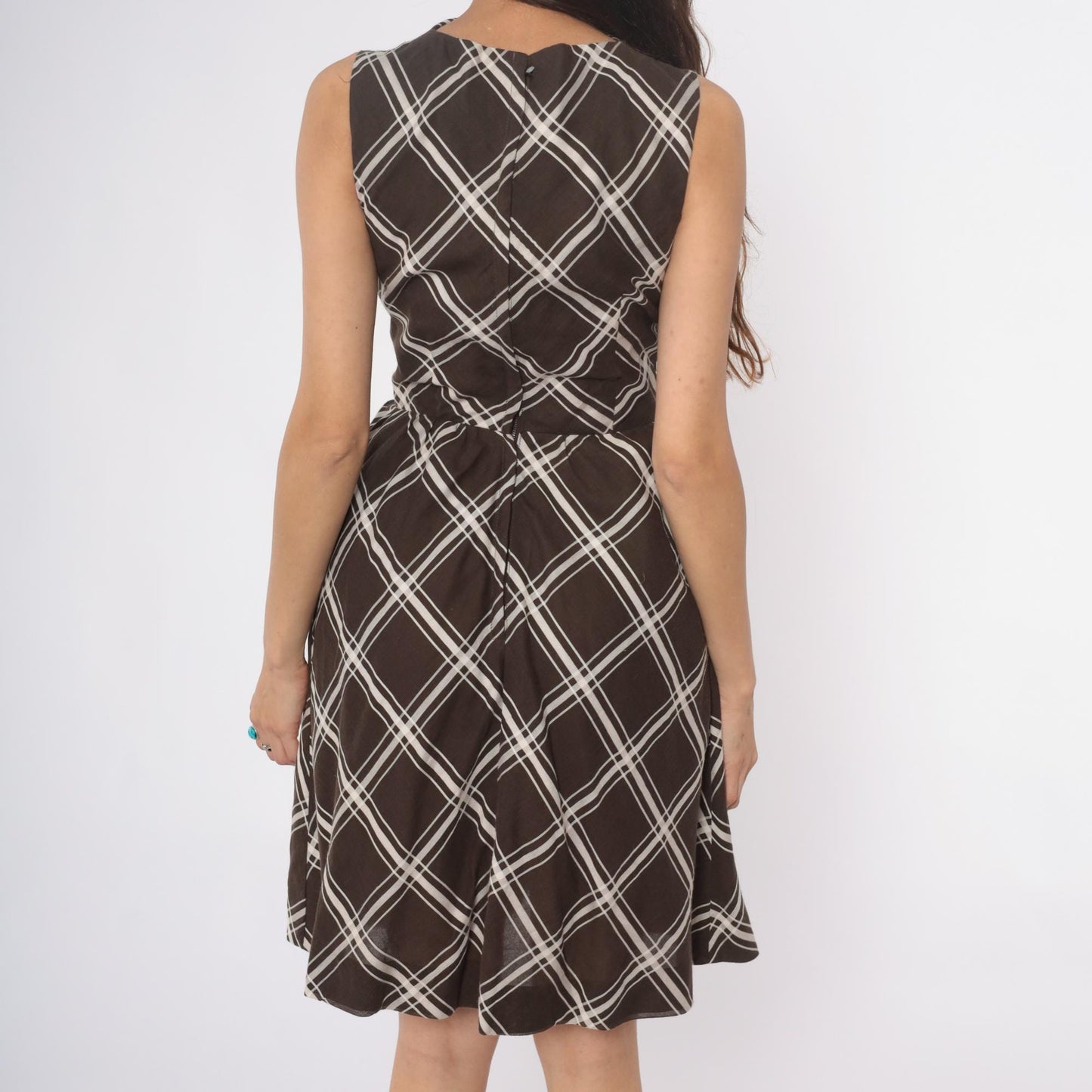60s Brown White Windowpane Plaid A-Line Dress Sleeveless Boat Neck Small