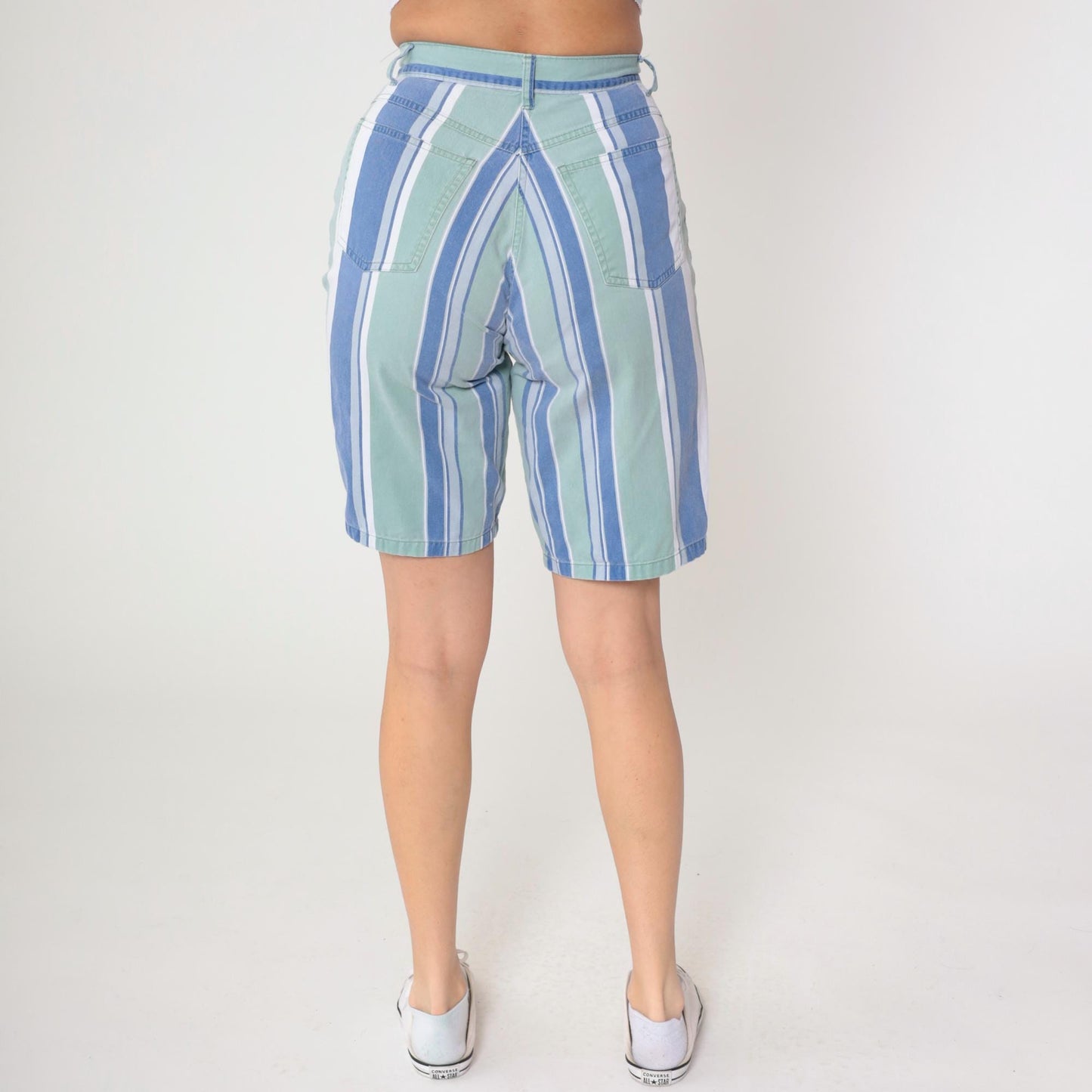 Y2K Anchor Blue Striped Bermuda Shorts High Waist Cotton Small S