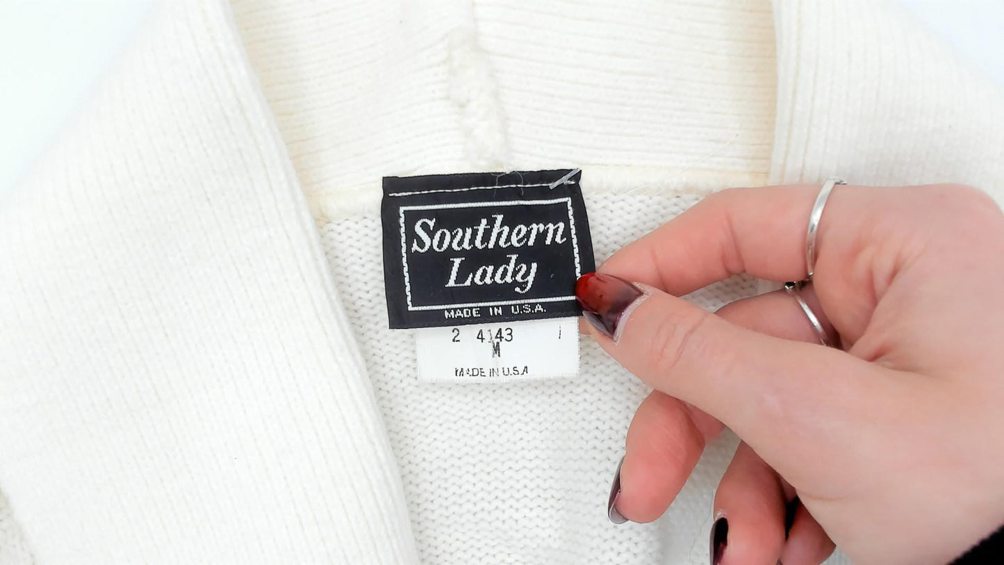 80s Southern Lady Cream Cardigan Shawl Collar Cable Knit Longline Medium M