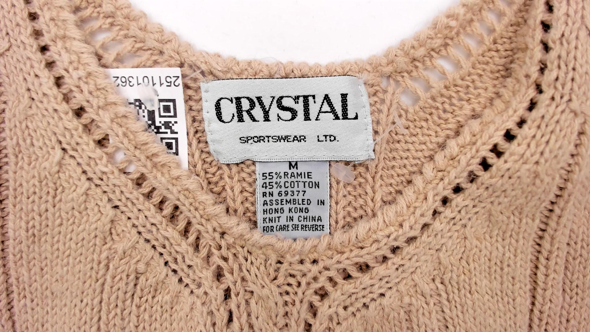 90s Crystal Cream Knit Tank V-Neck Cable Pointelle Cropped Medium M