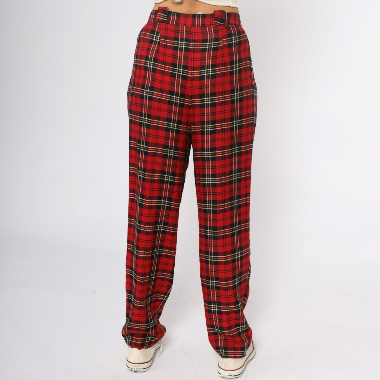 90s Chinicci Red Tartan High-Waist Pleated Trousers Medium