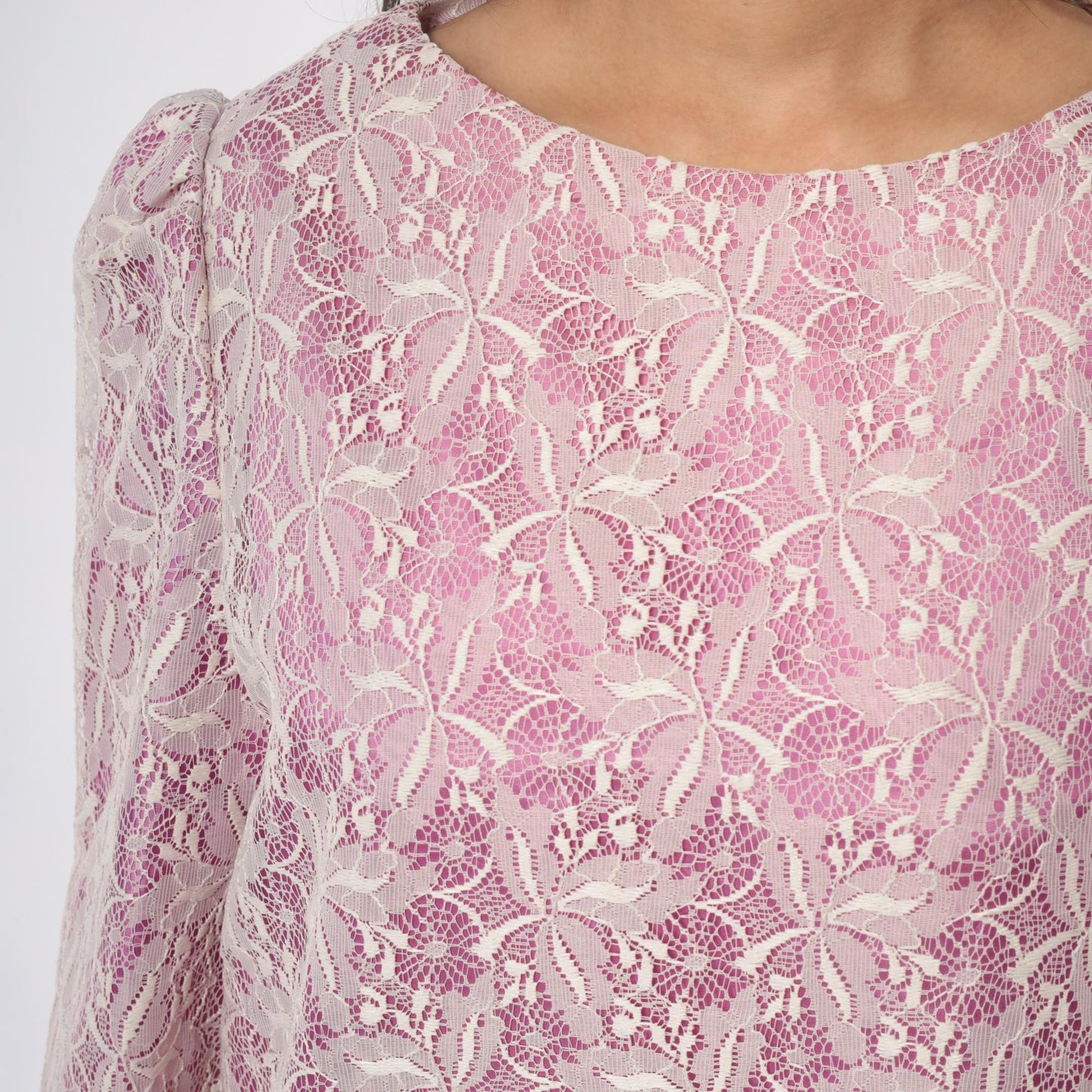 70s Purple Lace Mini Dress Long Sleeve Shift Floral White Overlay Medium M