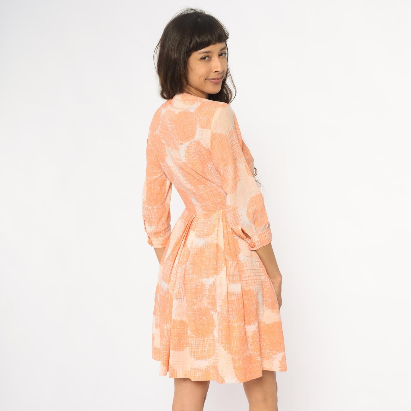 60s Peach Floral Button Front Dress Peter Pan Collar Pleated Skirt XS