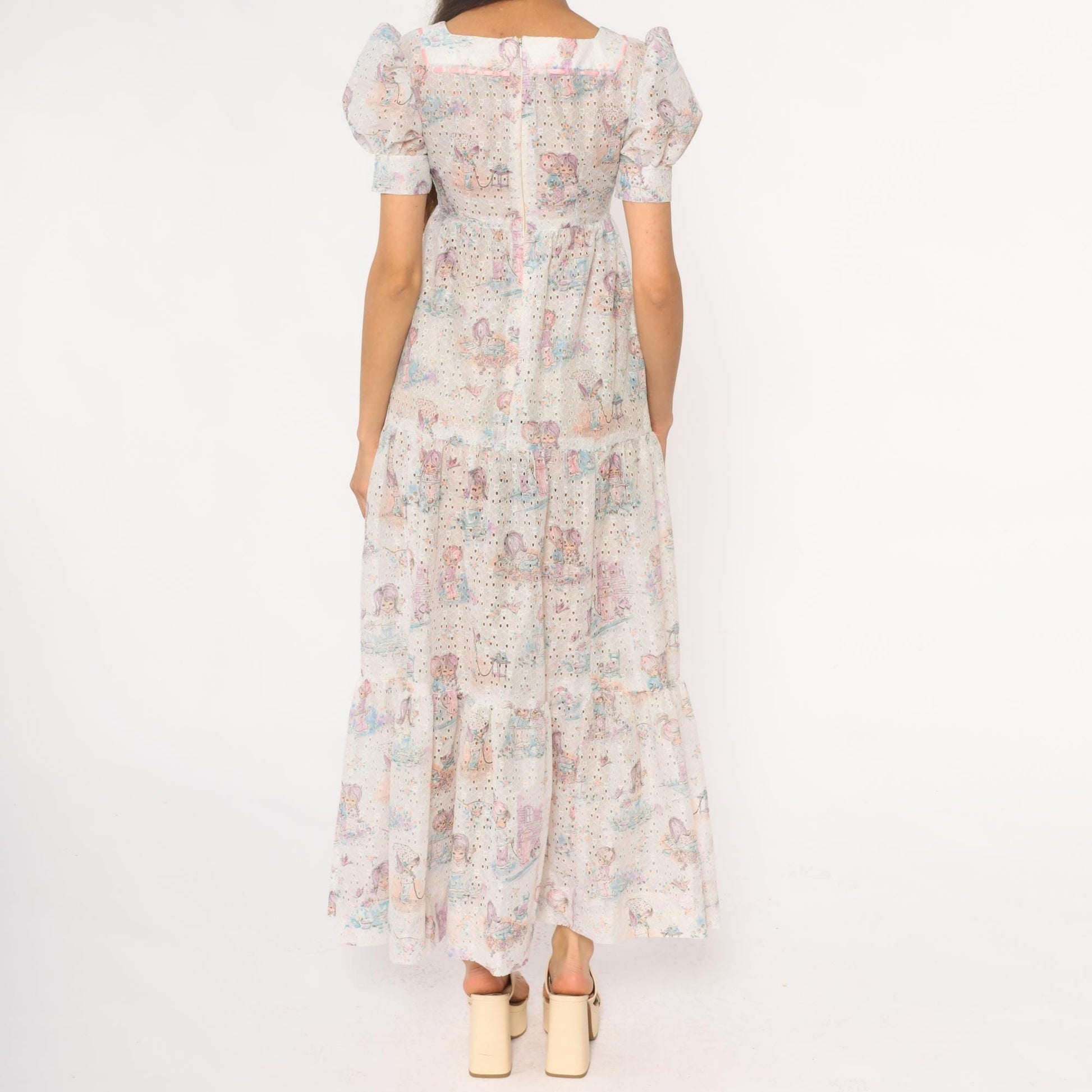 70s White Eyelet Maxi Dress Kawaii Children Print Puff Sleeve Small