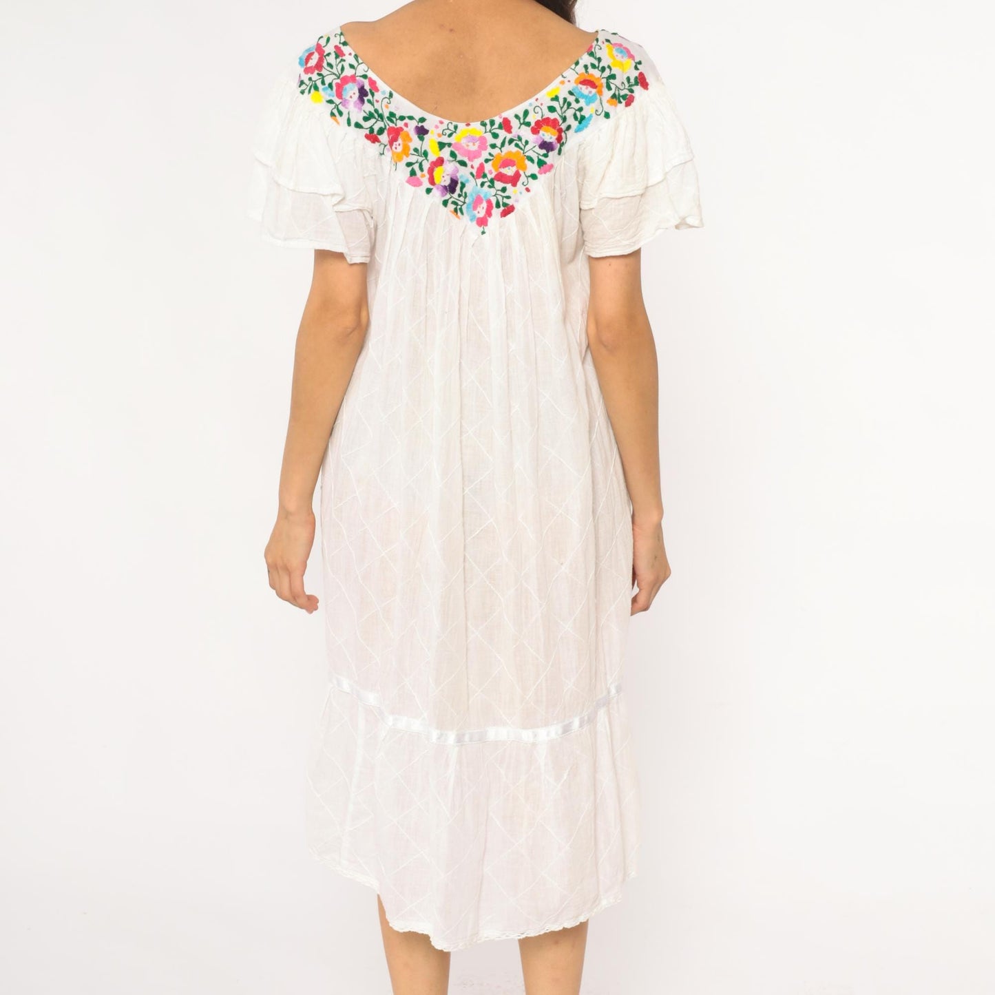 80s Mexican Embroidered White Cotton Midi Dress Floral Flutter Sleeve Small