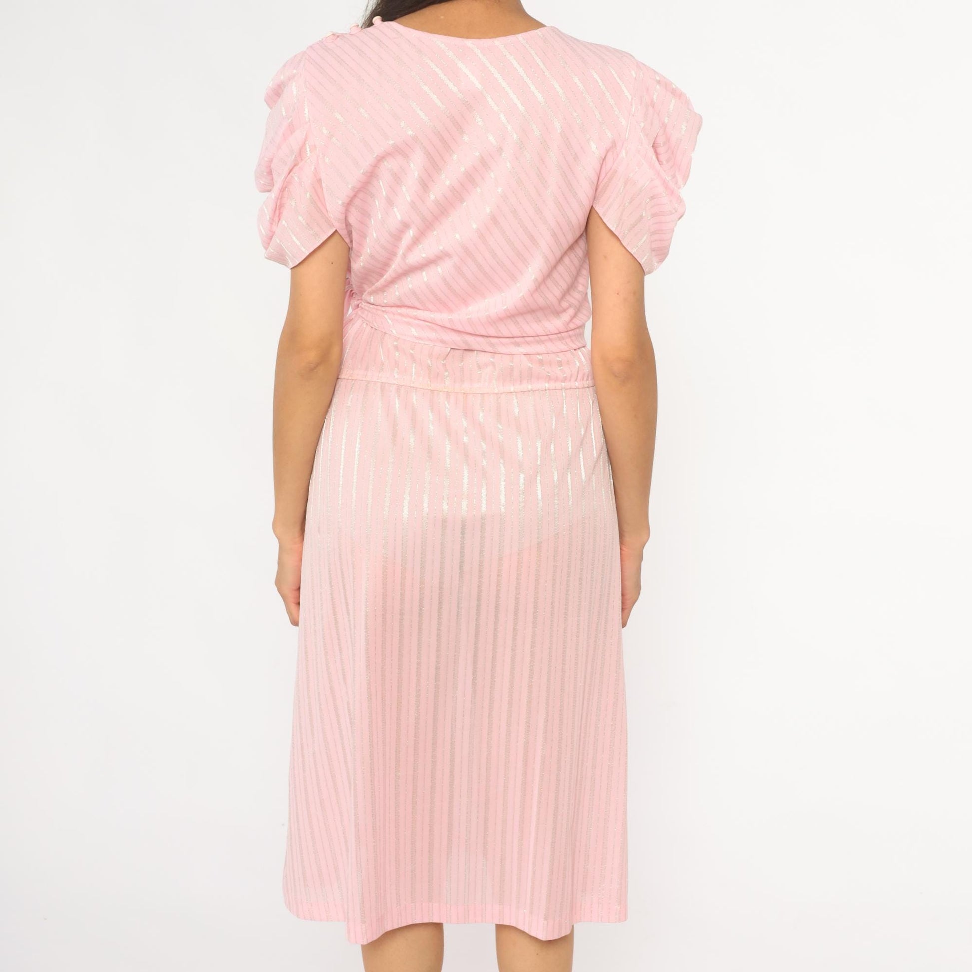 80s Pink Diagonal Stripe Midi Dress Puff Sleeve Tie Waist Small