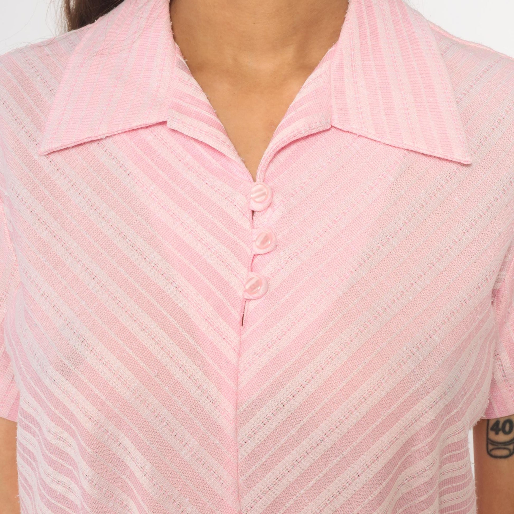 80s Pink Striped Shirt Dress Midi Polo Collar Button Front Medium