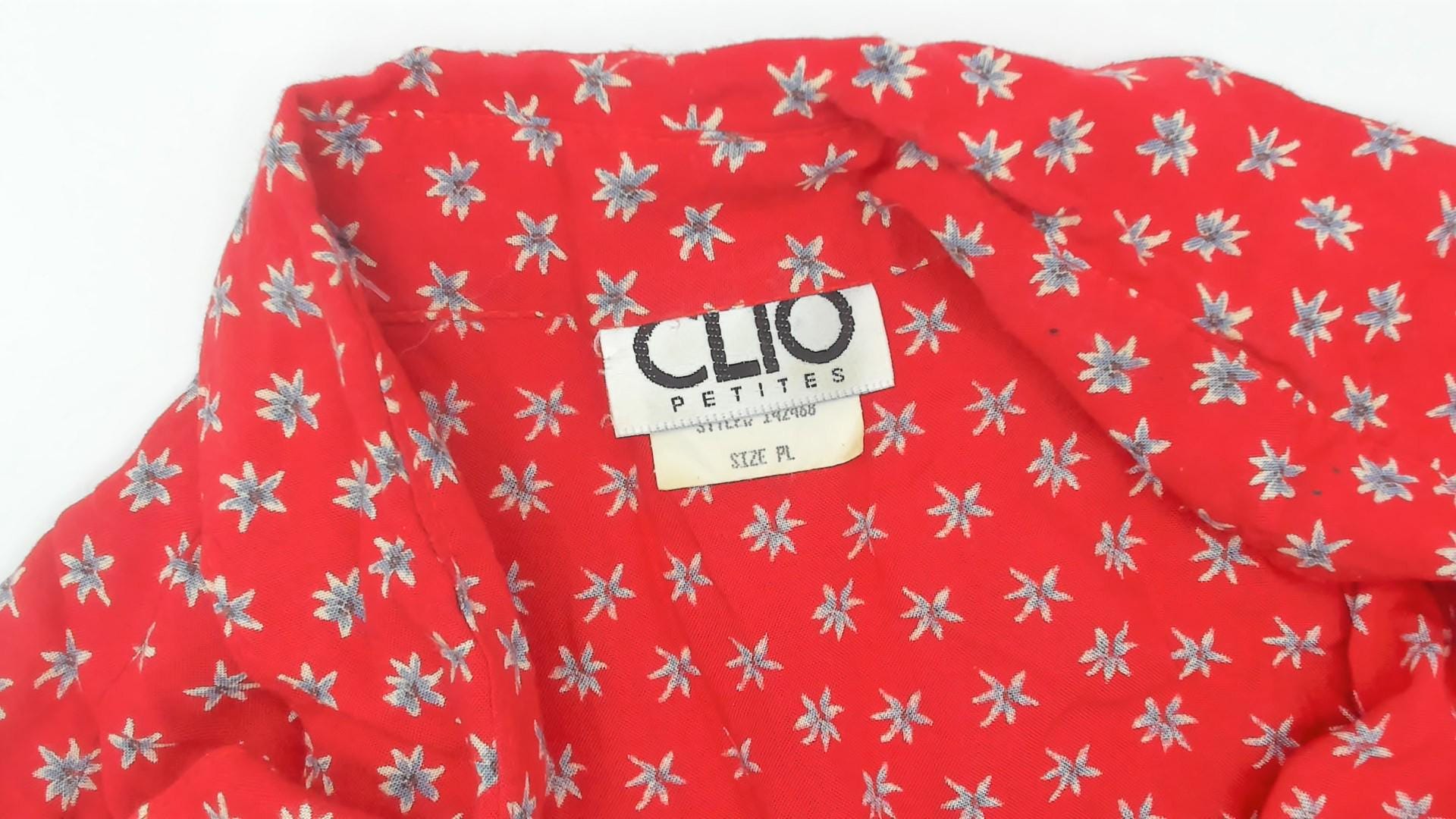 90s Clio Petites Red Floral Button-Down Shirt White Ditsy Print Large
