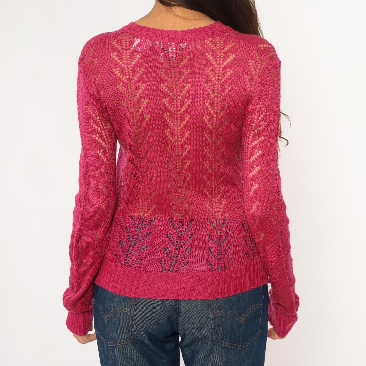 70s Alice Kim Hot Pink Pointelle Knit Sweater Chevron V-Neck Small