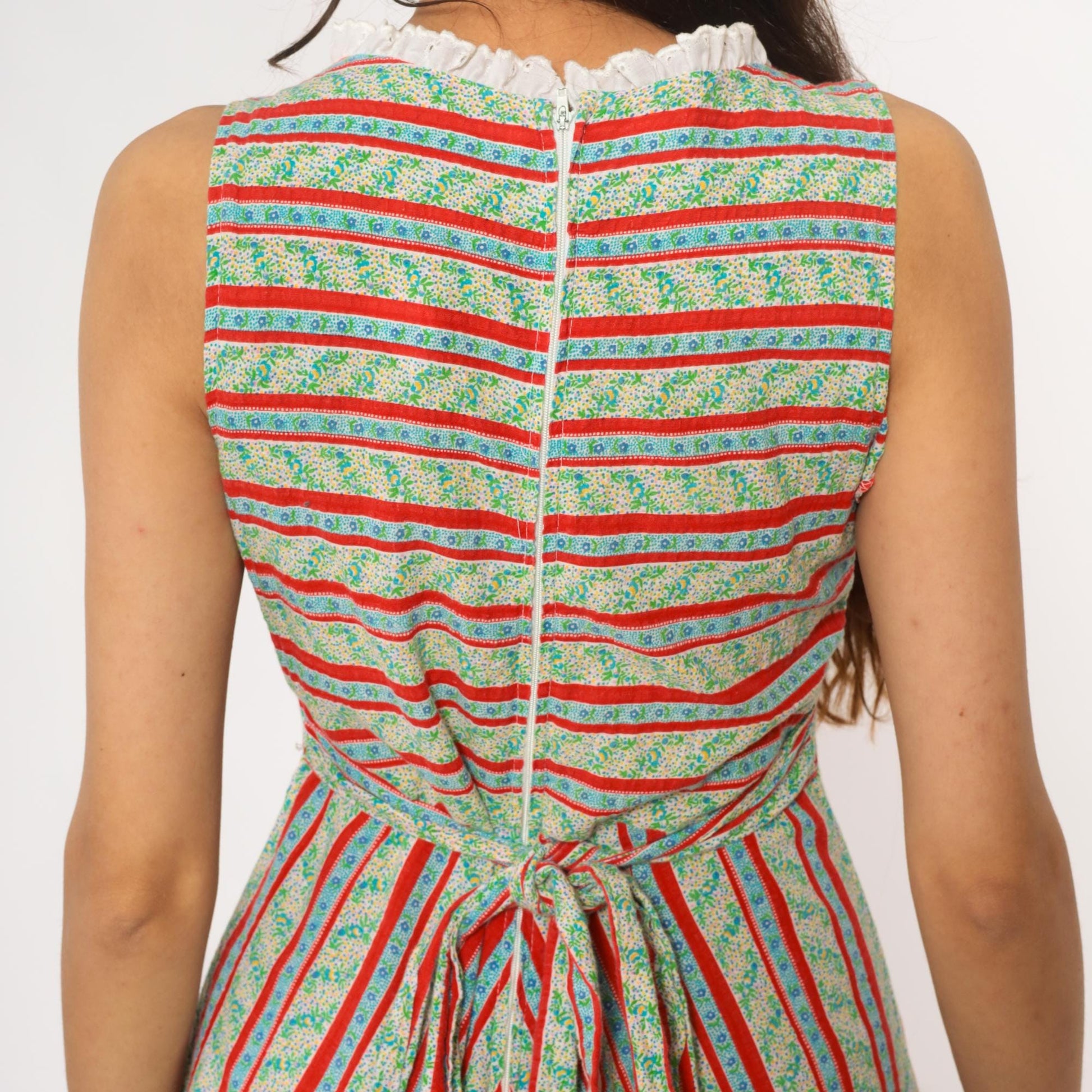 70s JC Penney Striped Chevron Prairie Dress Empire Waist Mint Small