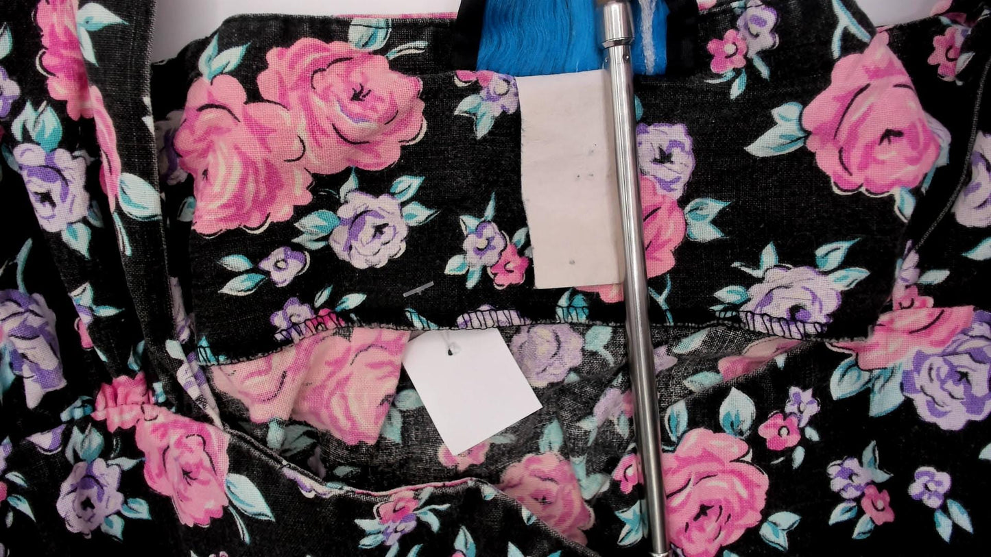 90s Black Floral Midi Dress Pink Rose Lavender Cap Sleeve V-Neck Medium