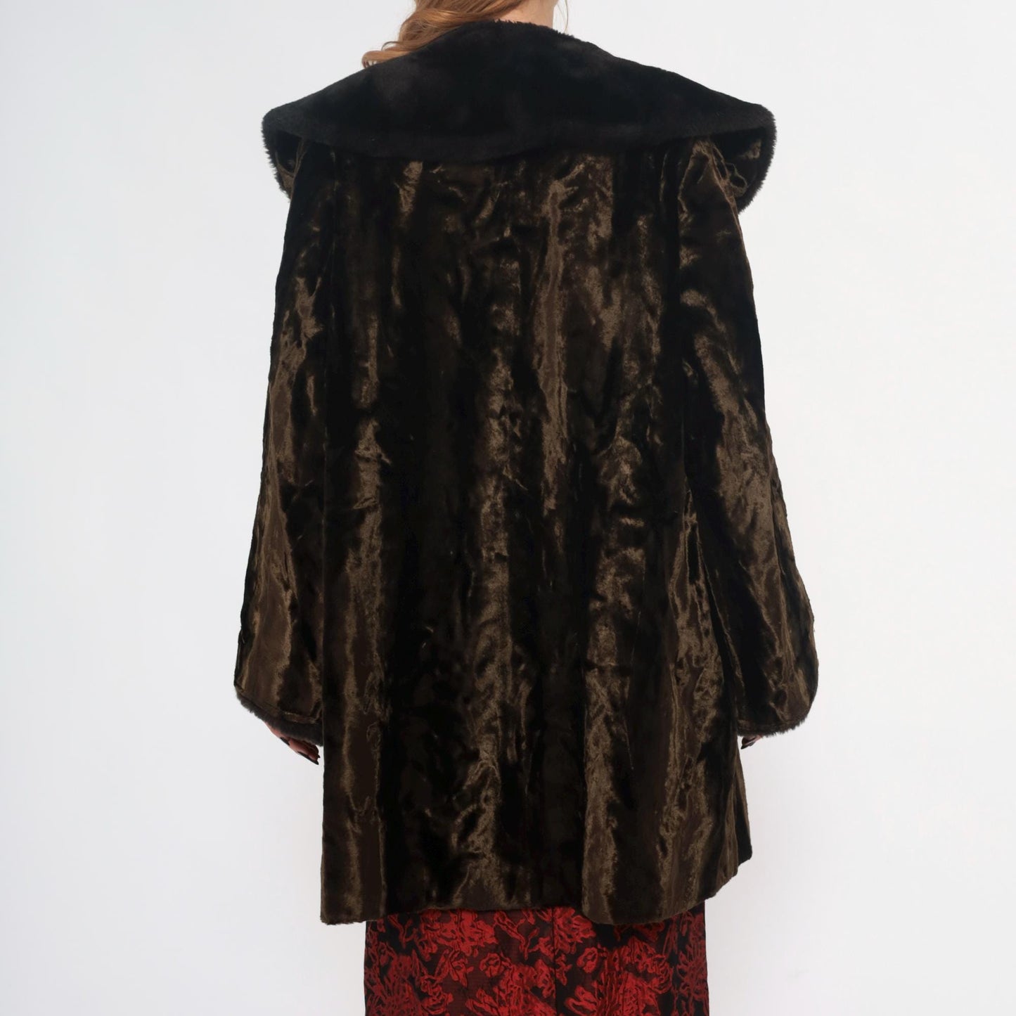 70s Brown Crushed Velvet Coat Black Faux Fur Collar Button Front Extra Large XXL