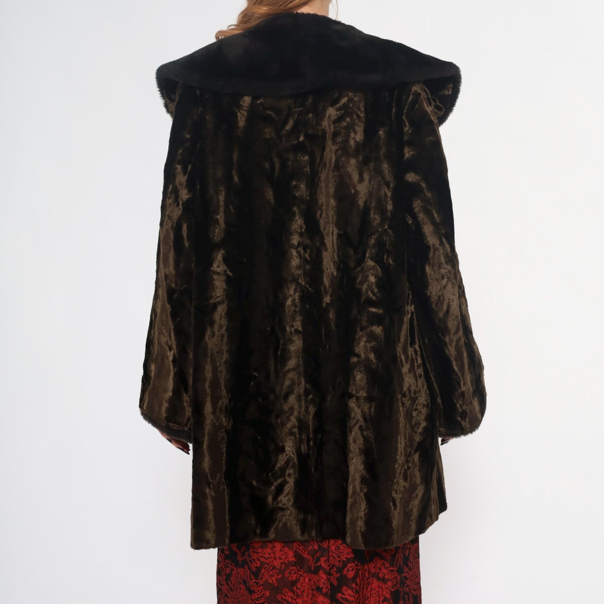 70s Brown Crushed Velvet Coat Black Faux Fur Collar Button Front Extra Large XXL