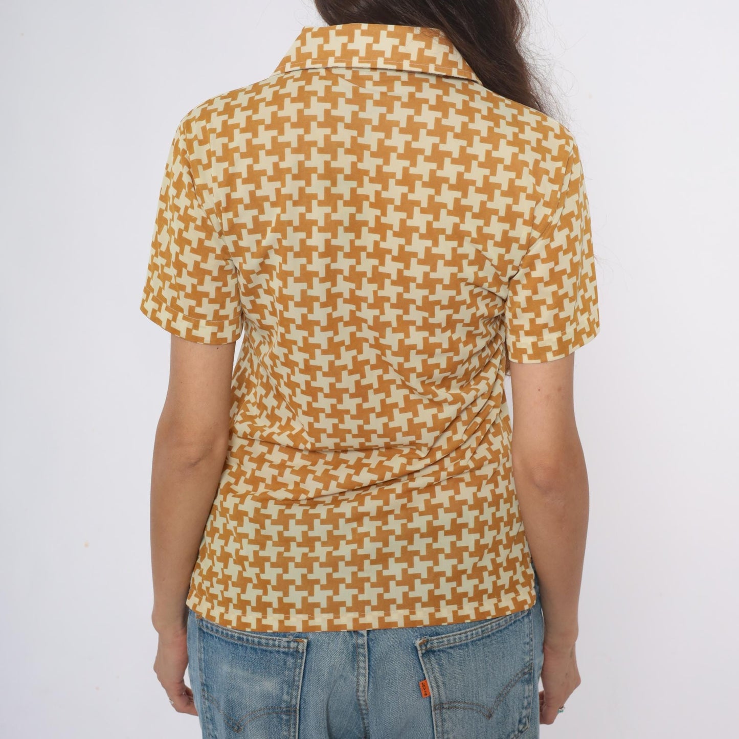 70s Houndstooth Polo Zip Front Collared Shirt Yellow Cream Geometric Extra Small