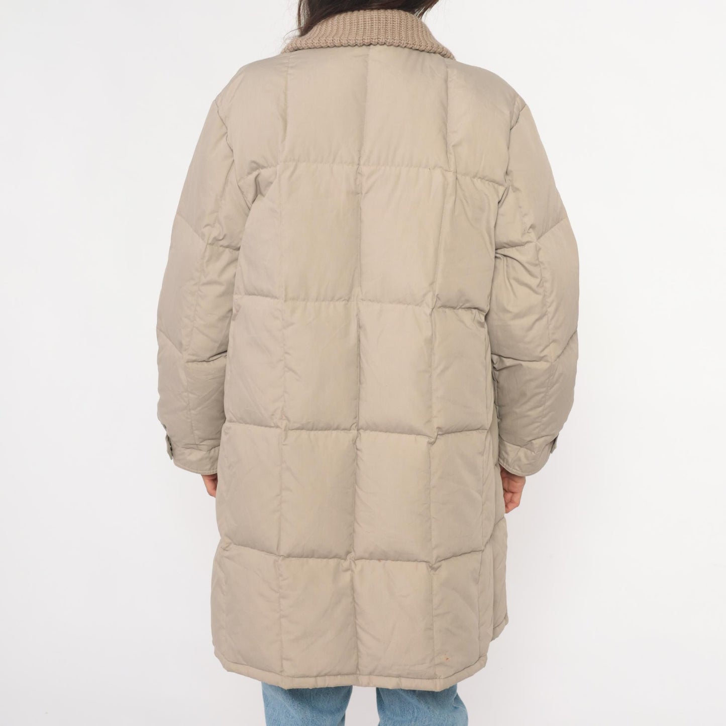 80s Beige Quilted Puffer Coat Down Filled Long Jacket Knit Collar Large L