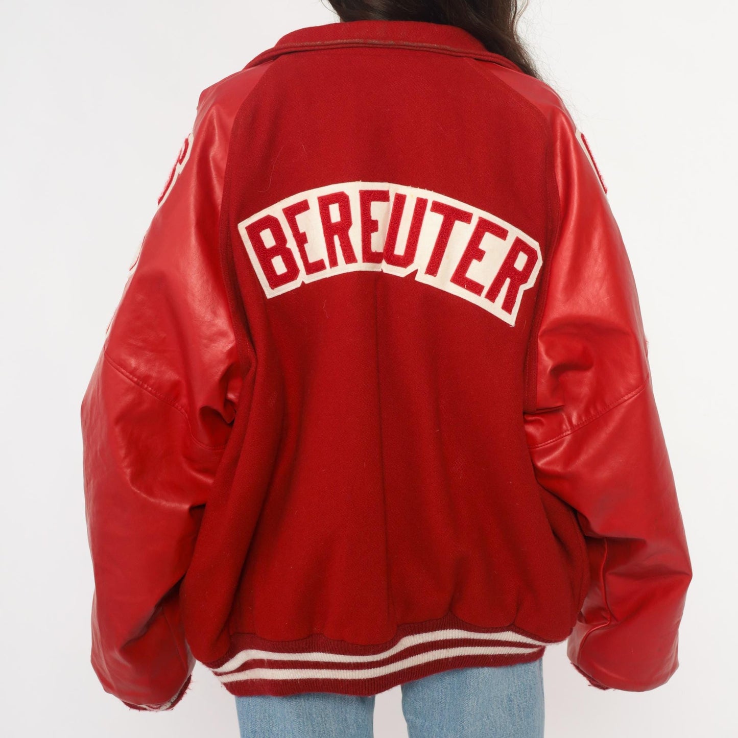Y2K Neff Red Wool Varsity Jacket Leather Sleeves Football Patches XXL