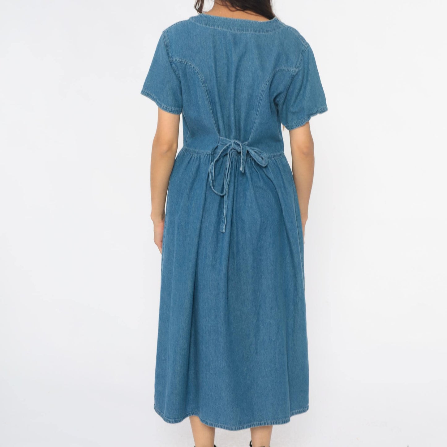90s G.S. Denims Midi Dress Blue Embroidered Collar Gathered Waist Large L