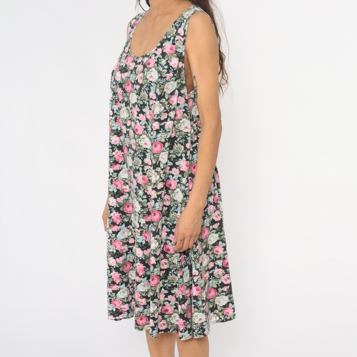 90s Lady Dorby Floral Dress Black Pink Rose Print Sleeveless Cutout Large