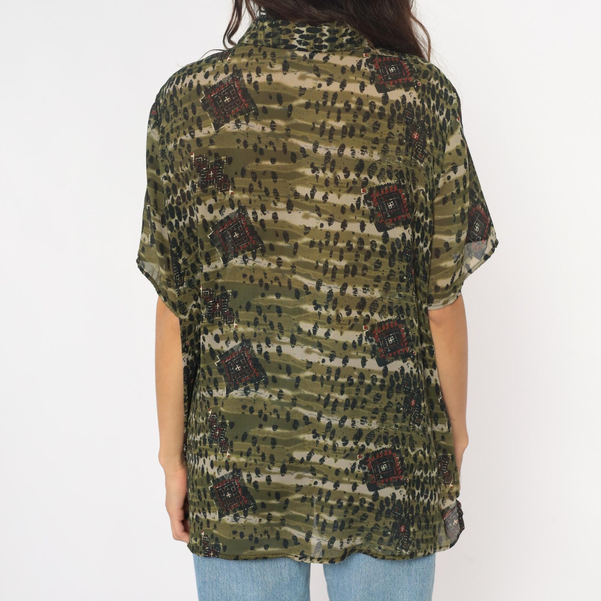 90s Olive Green Leopard Spot Button-Up Blouse Geometric Print Extra Large XL
