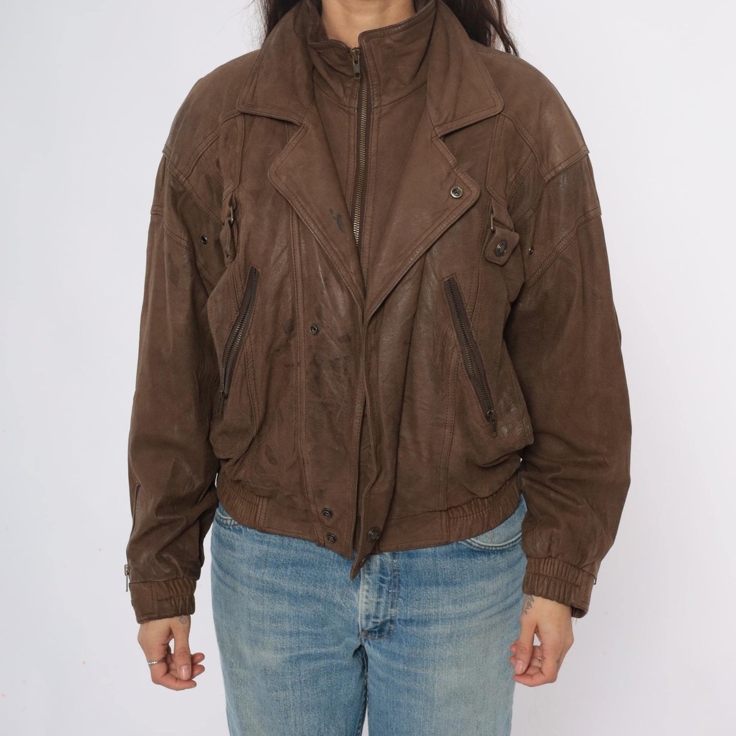 90s Wilsons Leather Brown Bomber Jacket Cropped Moto Zipper Small S