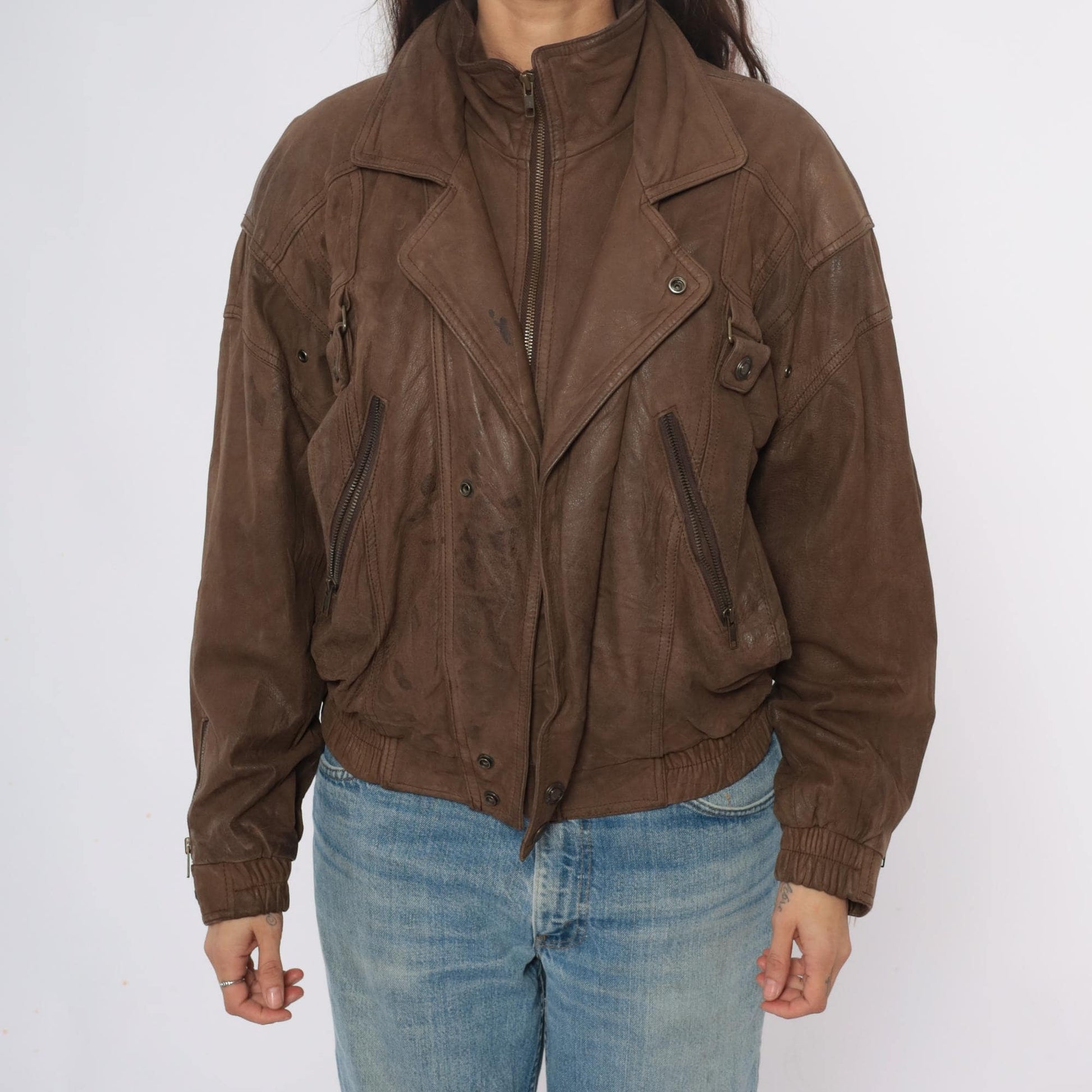 90s Wilsons Leather Brown Bomber Jacket Cropped Moto Zipper Small S